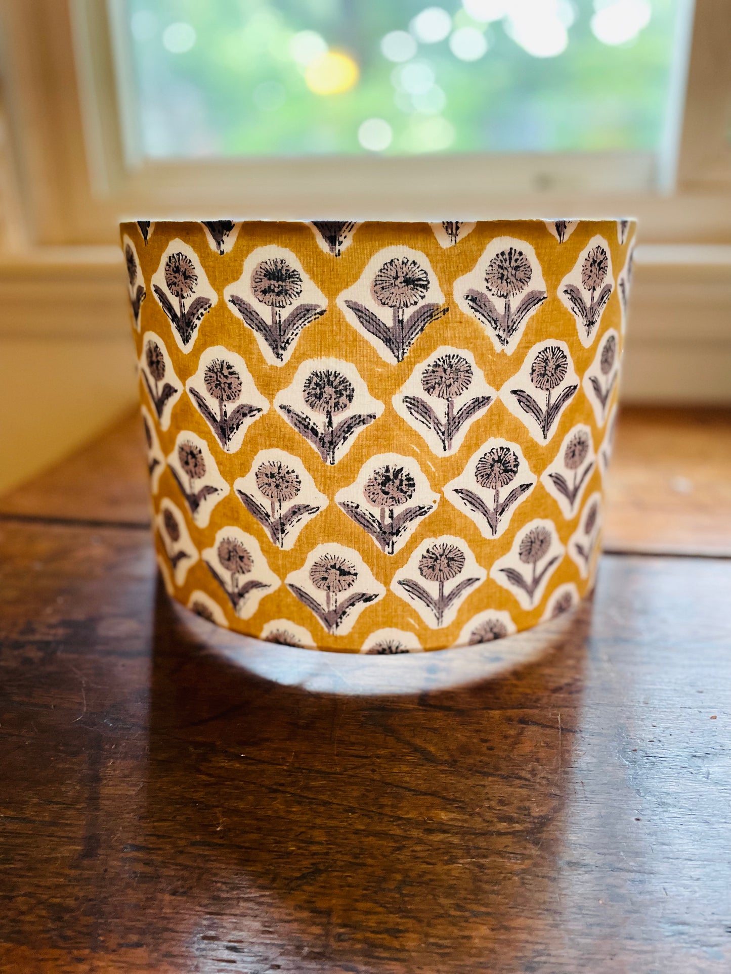 10 inch Drum Lampshade. Indian Block print from Jaipur. Harvest Gold with Black and Gray Floral Motif.