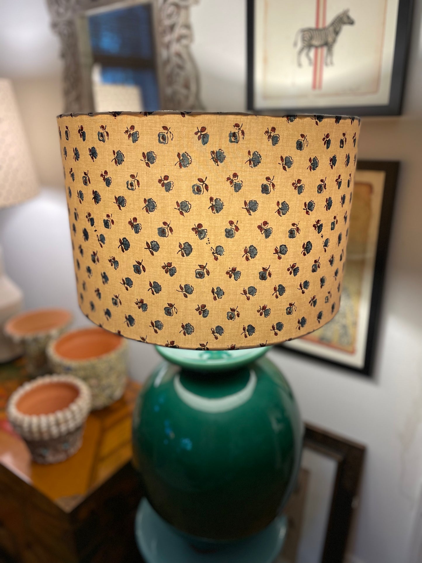 16 Inch Drum Lampshade. Indian Hand Block Print. Cadet Blue and Maroon Floral Motif on Ecru.