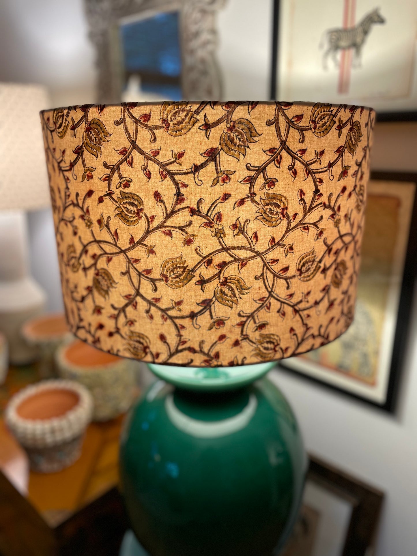 16 Inch Drum Lampshade. Indian Kalamkari Hand Block Print. Shades of Russet, Ochre, and Coffee, on Fawn.