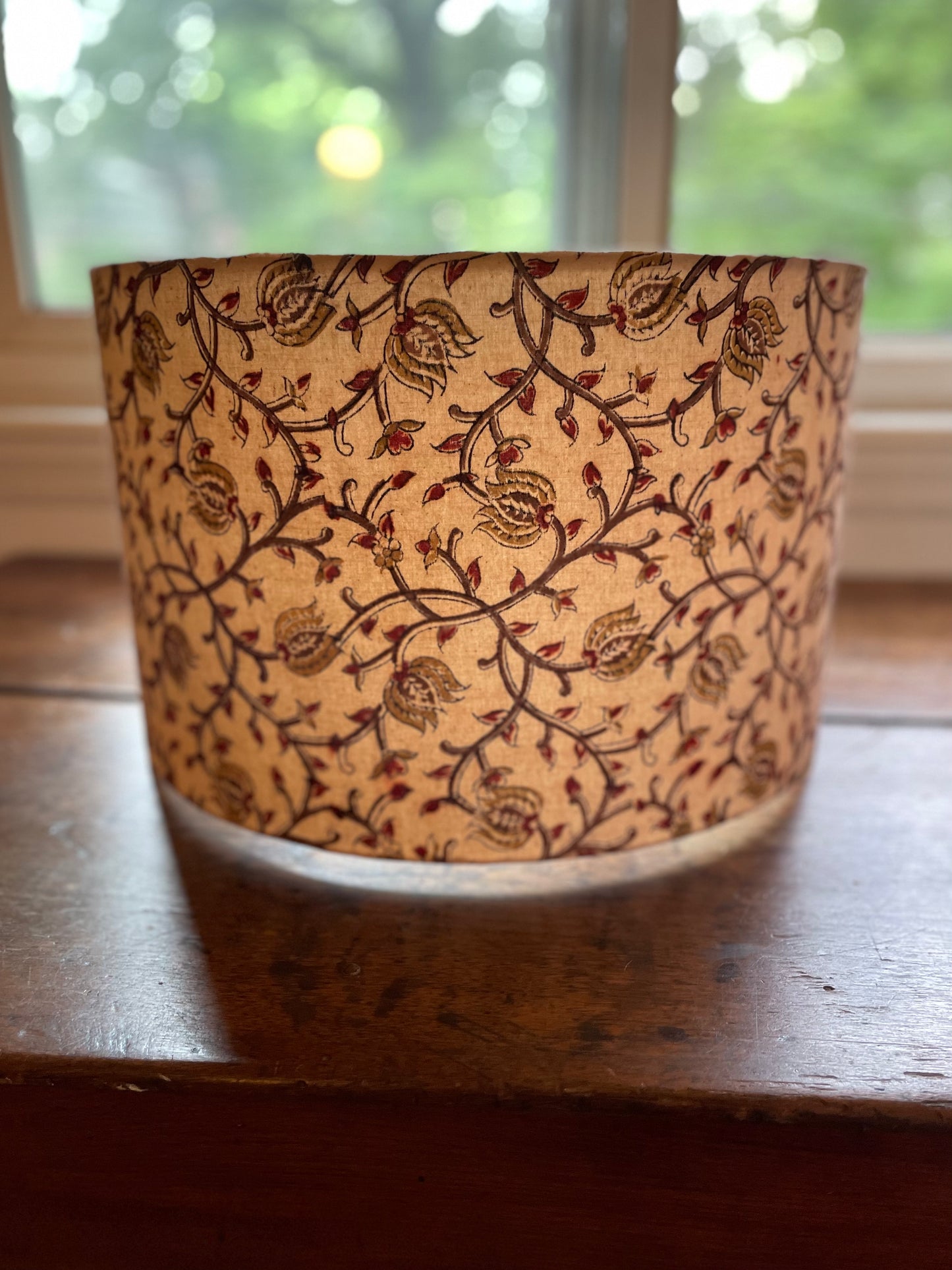 16 Inch Drum Lampshade. Indian Kalamkari Hand Block Print. Shades of Russet, Ochre, and Coffee, on Fawn.