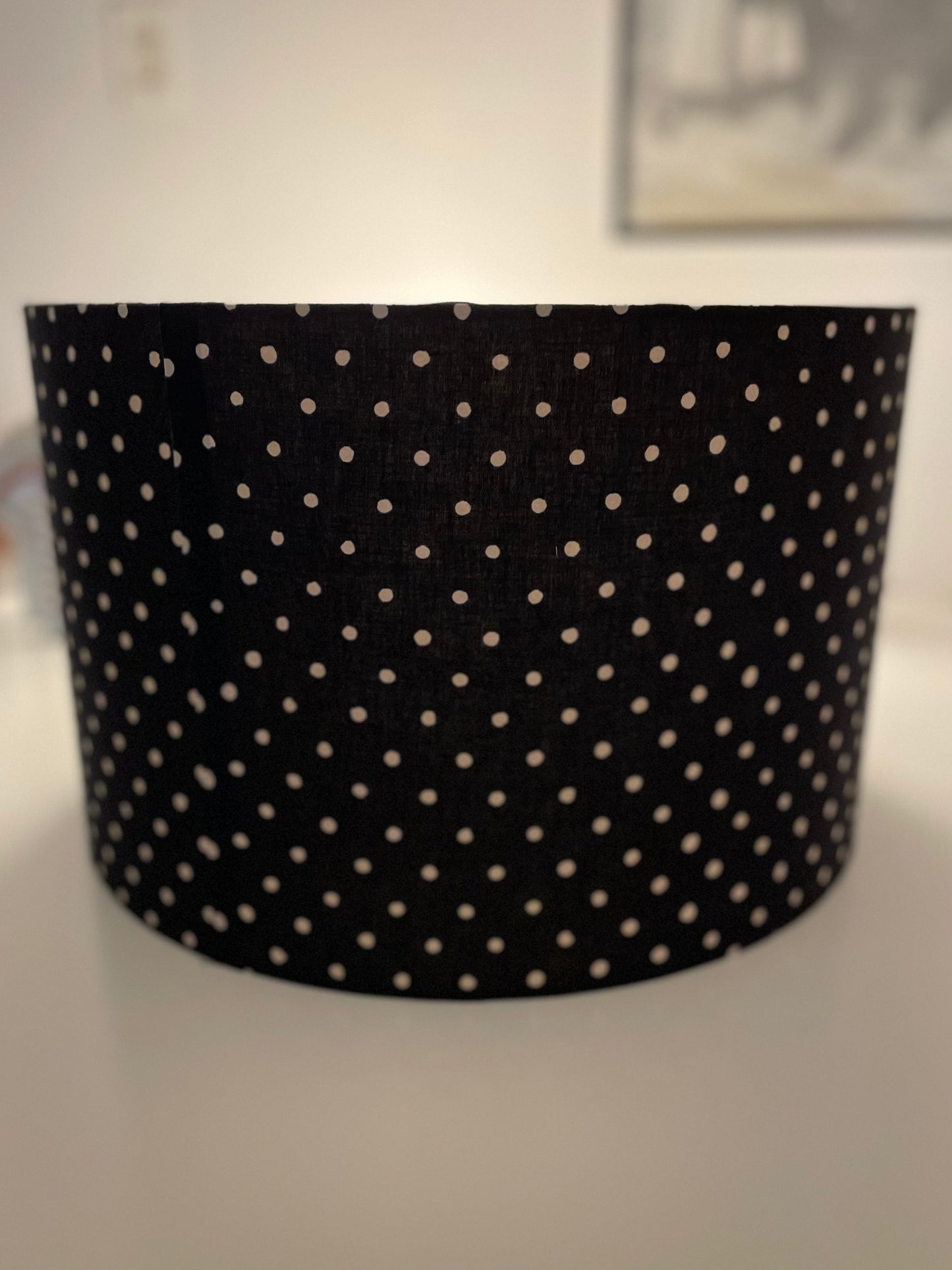 16 Inch Drum Lampshade. Indian Hand Block Print. Black with Gentle Off-White Polka Dot.
