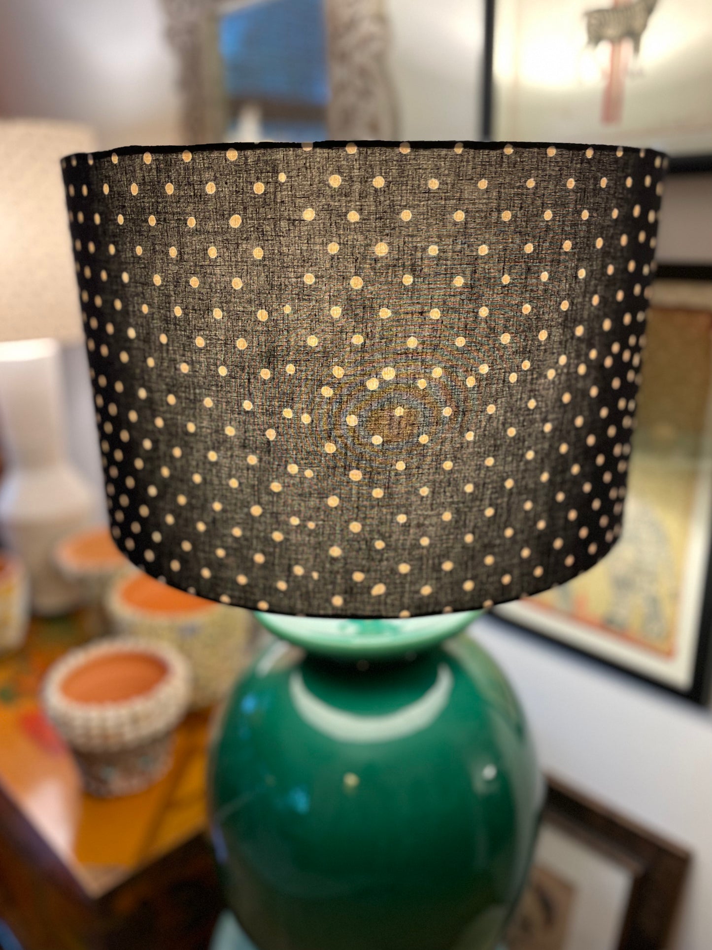 16 Inch Drum Lampshade. Indian Hand Block Print. Black with Gentle Off-White Polka Dot.