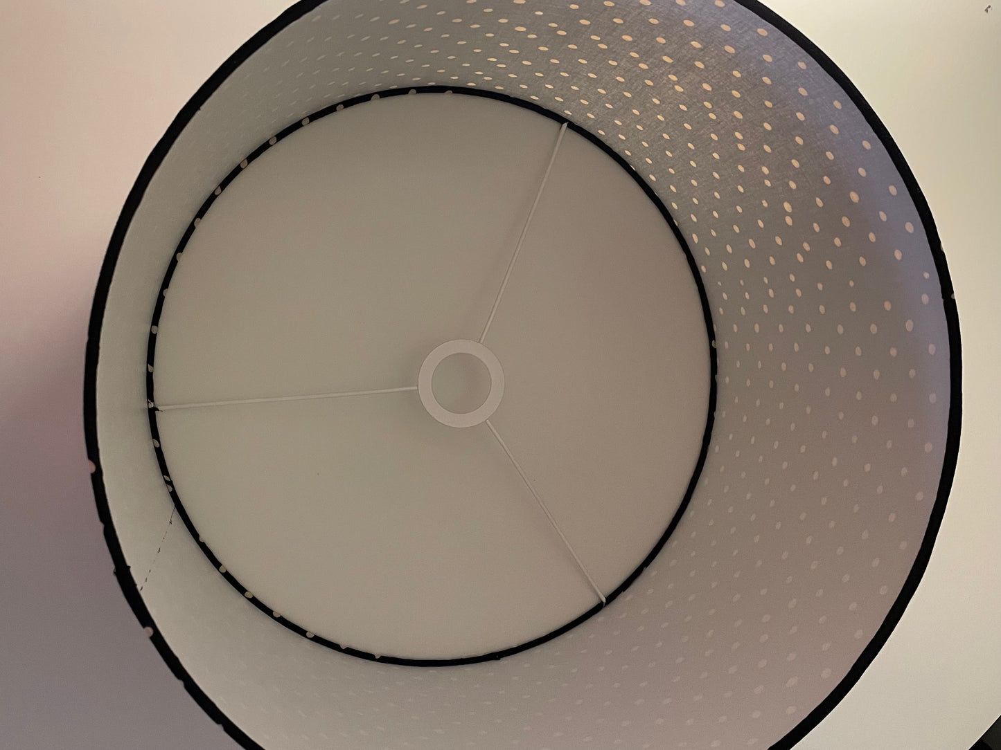 16 Inch Drum Lampshade. Indian Hand Block Print. Black with Gentle Off-White Polka Dot.