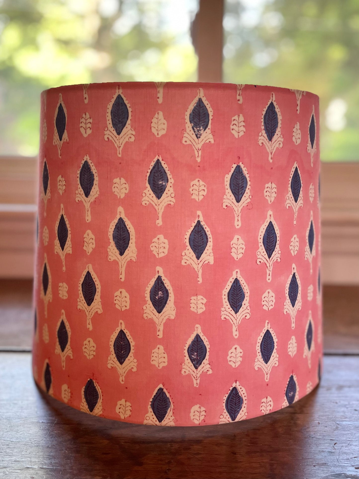 Large Empire Lampshade. 11.75 x 13.75 x 11.75. Indian Hand Block Print. Rosy Pink with Navy and White.
