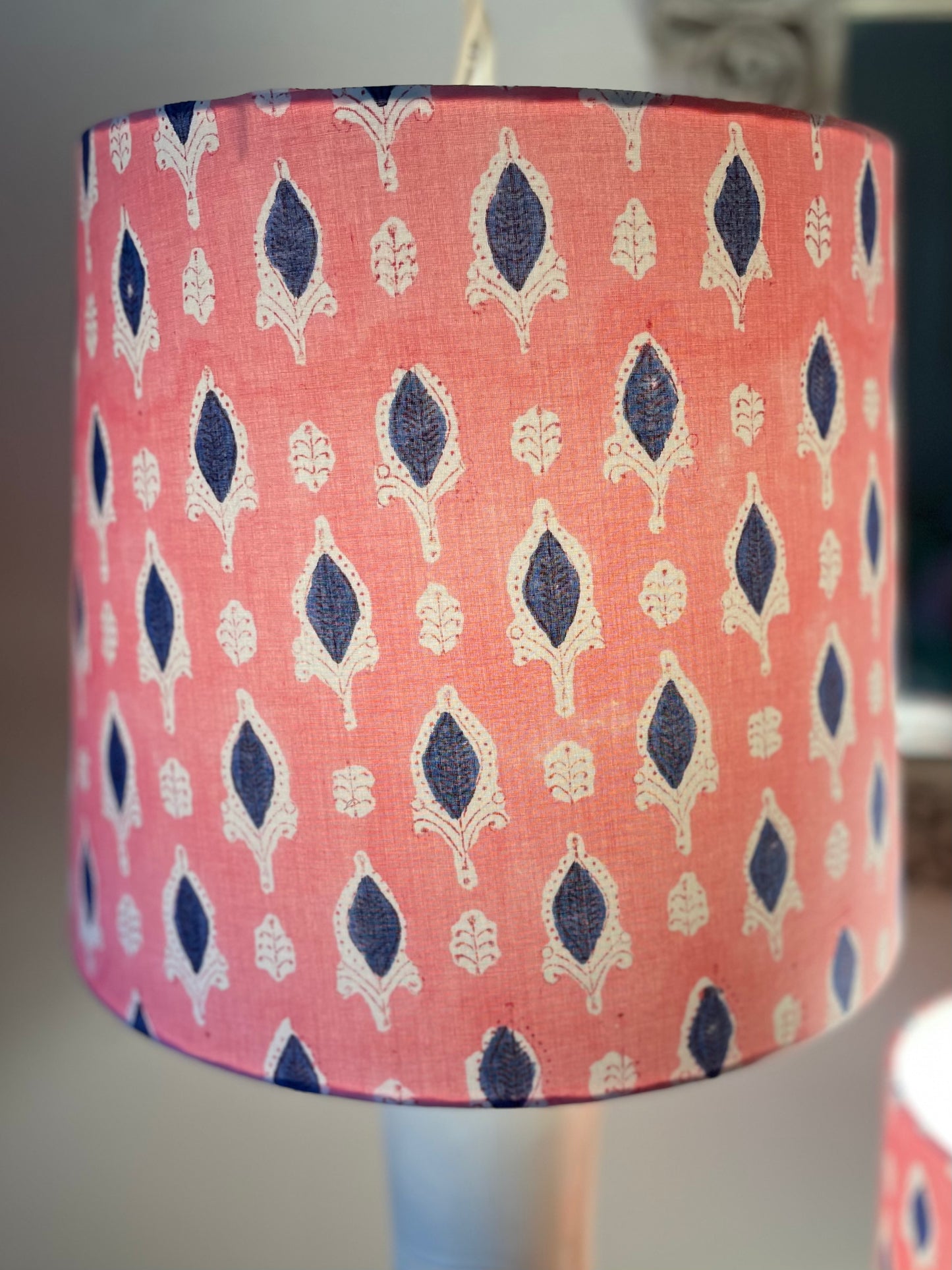 Large Empire Lampshade. 11.75 x 13.75 x 11.75. Indian Hand Block Print. Rosy Pink with Navy and White.