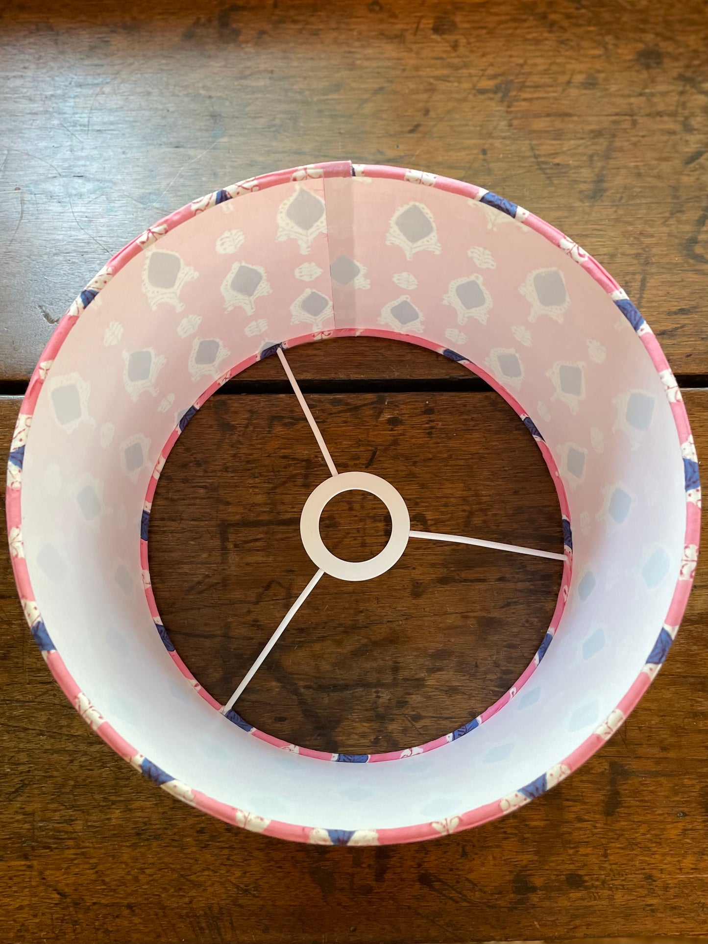 10 inch Drum Lampshade. Indian Block print from Jaipur. Rosy Pink with Navy and White.