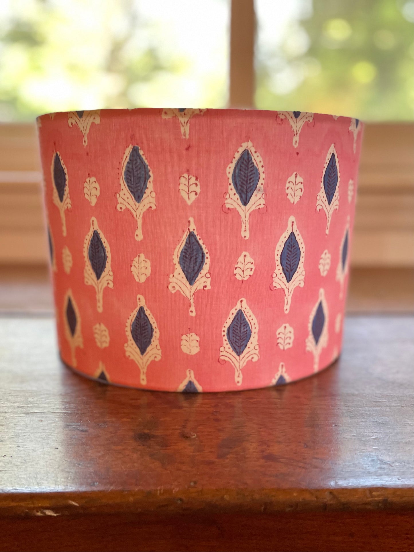 10 inch Drum Lampshade. Indian Block print from Jaipur. Rosy Pink with Navy and White.