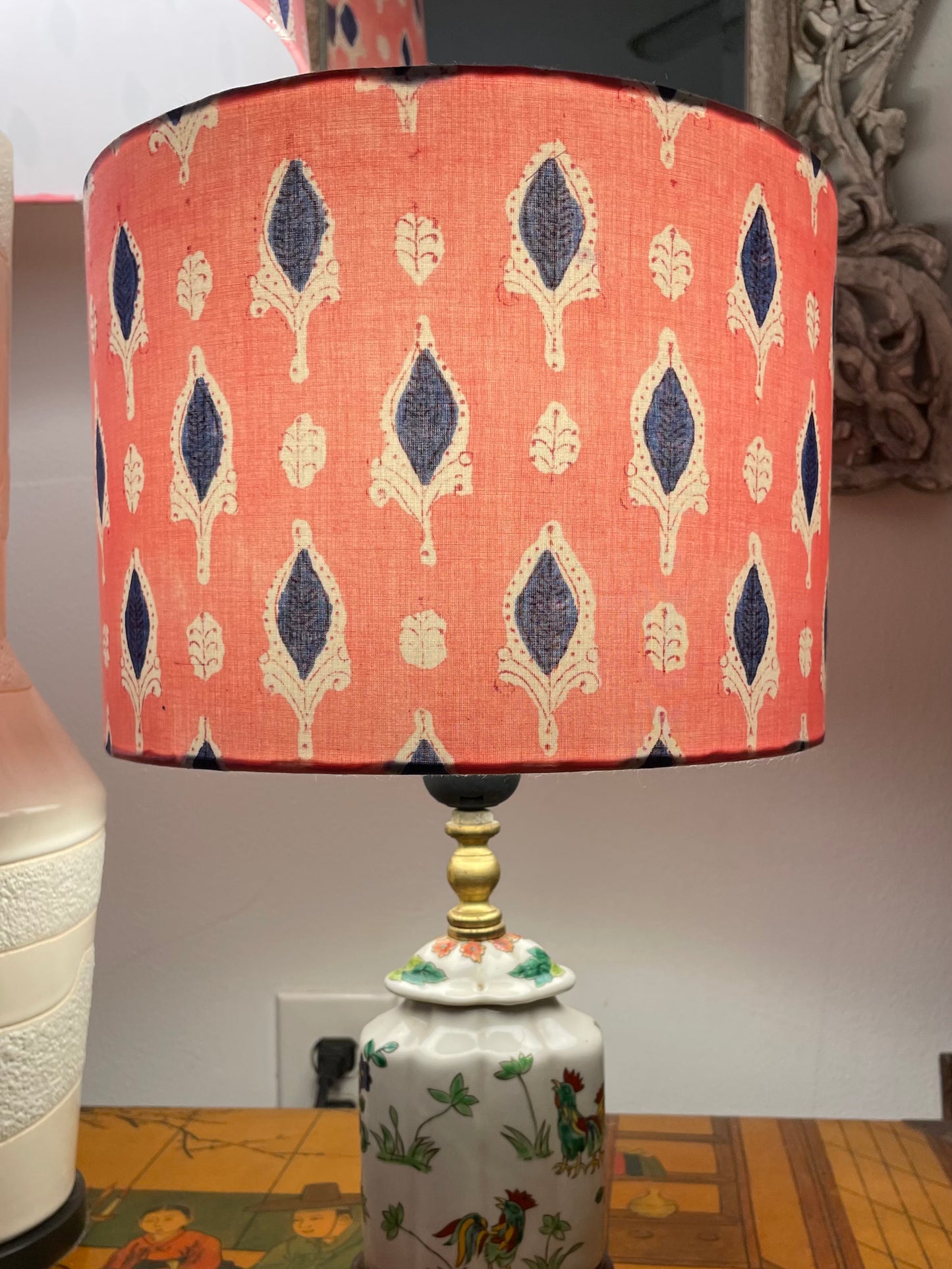 10 inch Drum Lampshade. Indian Block print from Jaipur. Rosy Pink with Navy and White.