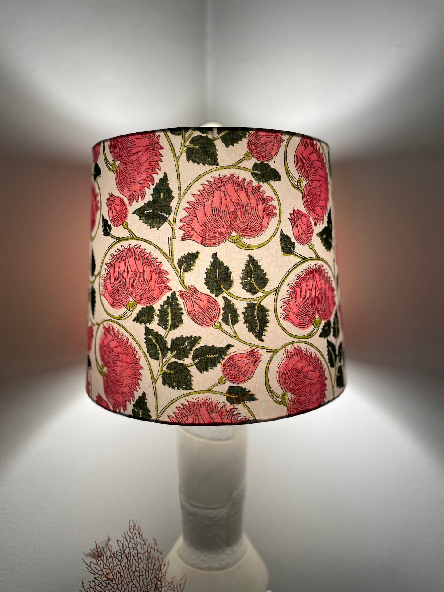 Large Empire Lampshade. 11.75 x 13.75 x 11.75. Indian Hand Block Print. Big Pink Blossoms with Jungle Green Leaves.