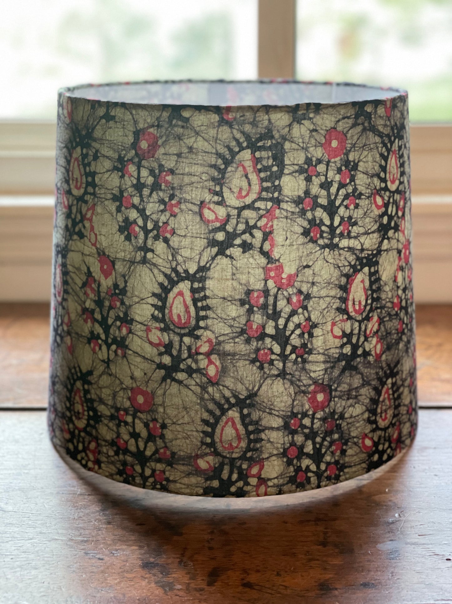 Large Empire Lampshade. 11.75 x 13.75 x 11.75. Indian Hand Batik. Ruby Red Paisley with Inky Black and Smoky Gray.