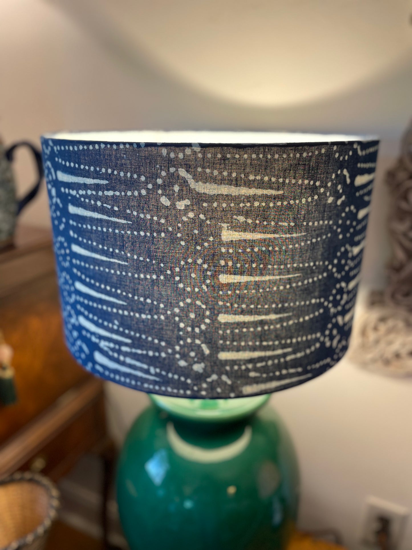 16 Inch Drum Lampshade. Indigo Hand Block Print. Dot and Arrow Motif.