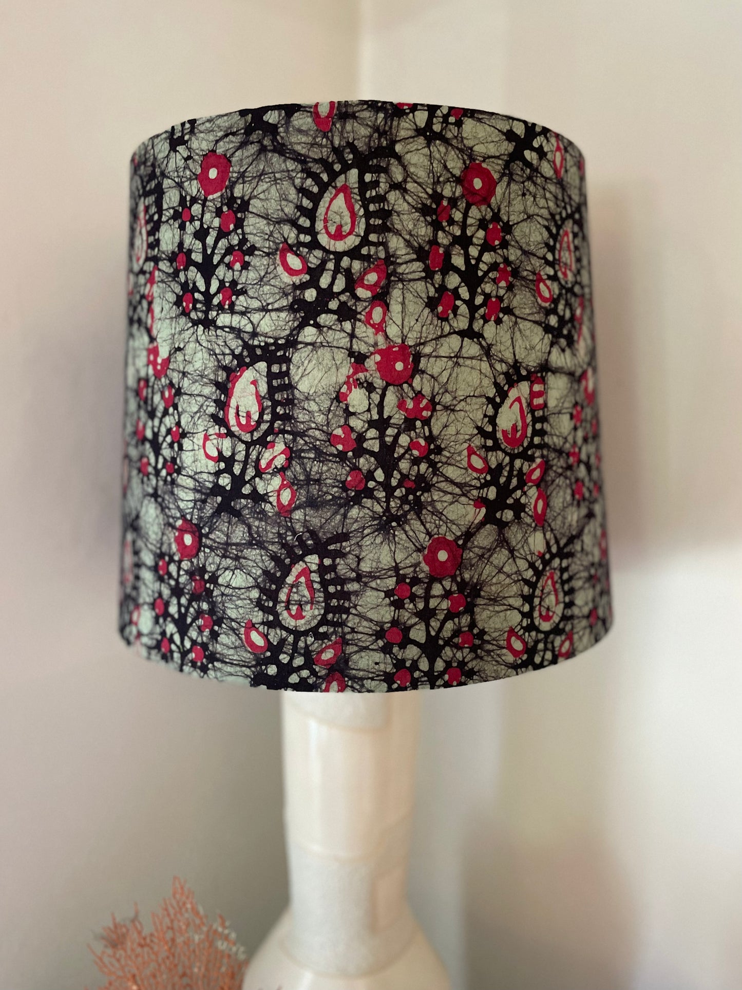 Large Empire Lampshade. 11.75 x 13.75 x 11.75. Indian Hand Batik. Ruby Red Paisley with Inky Black and Smoky Gray.