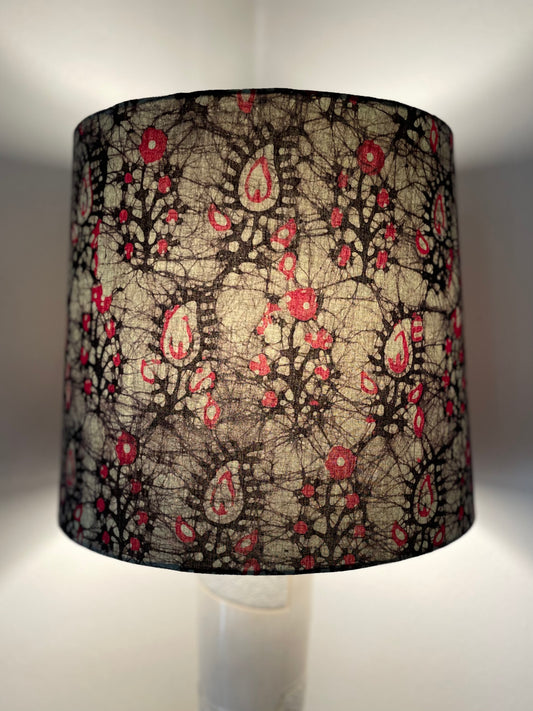 Large Empire Lampshade. 11.75 x 13.75 x 11.75. Indian Hand Batik. Ruby Red Paisley with Inky Black and Smoky Gray.
