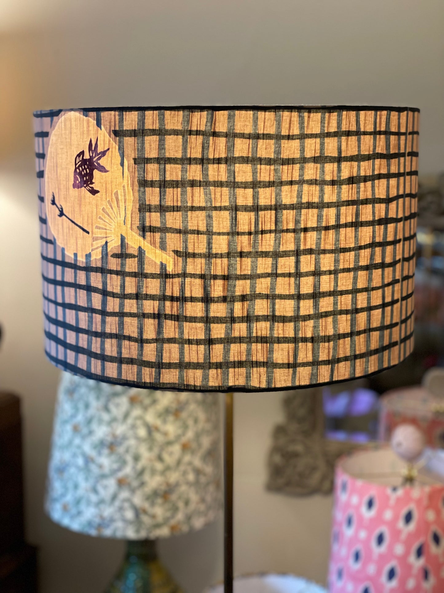 16 Inch Drum Lampshade. Vintage Summer Kimono Fabric. Slightly Textured Light Taupe With Gray and Gray-Blue Pattern and Fans.