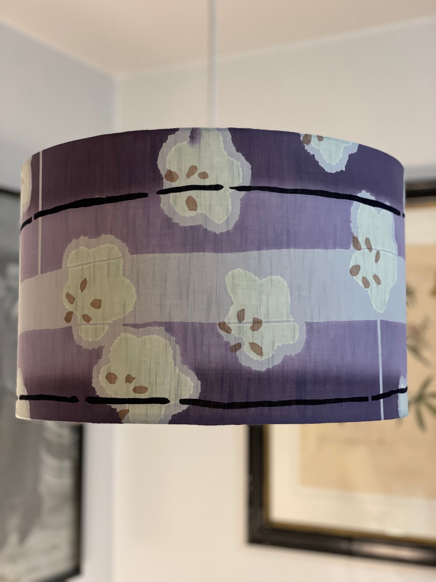 16 Inch Drum Lampshade. Vintage Summer Kimono Fabric. Slightly Textured shades of Lilac, Smoky Purple and Grey.