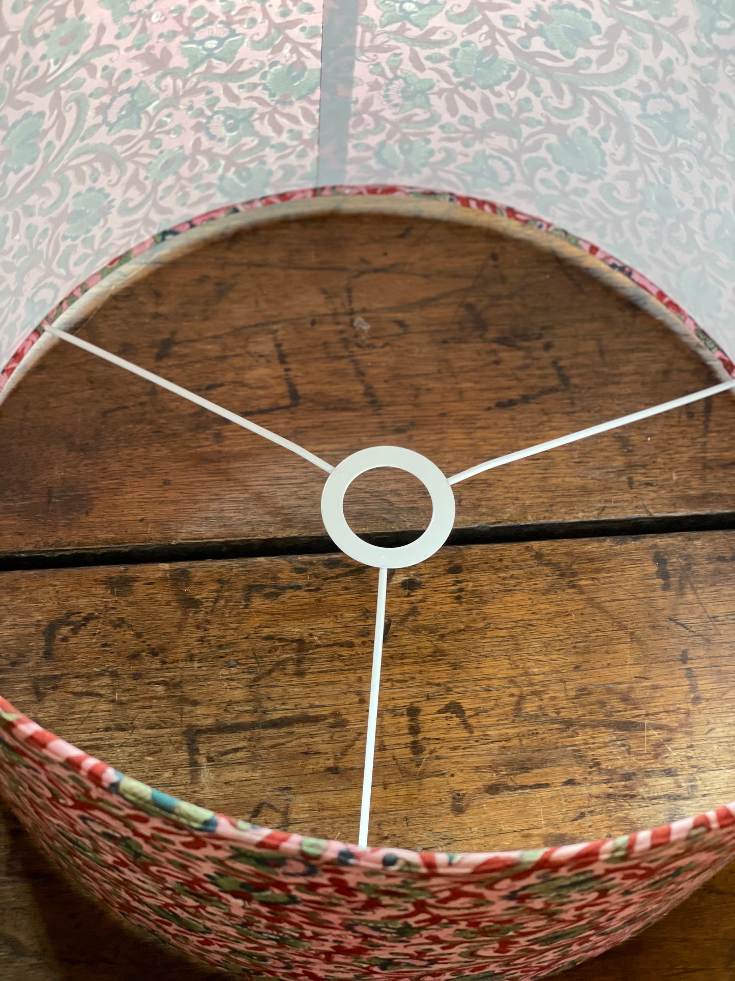 16 Inch Drum Lampshade. Kalamkari Indian Hand Block Print. Pink with Sienna and Blue-Gray Motif.