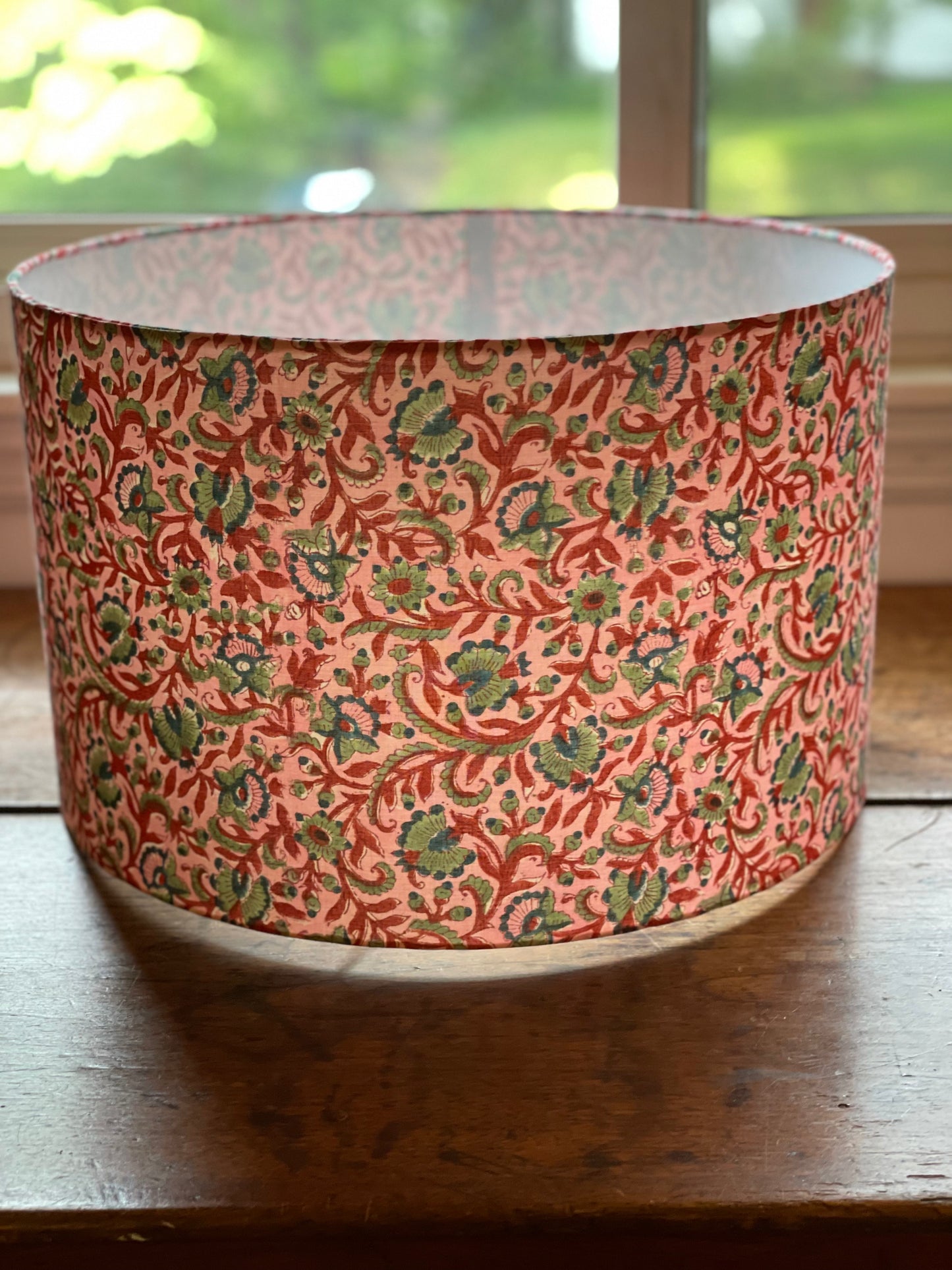 16 Inch Drum Lampshade. Kalamkari Indian Hand Block Print. Pink with Sienna and Blue-Gray Motif.