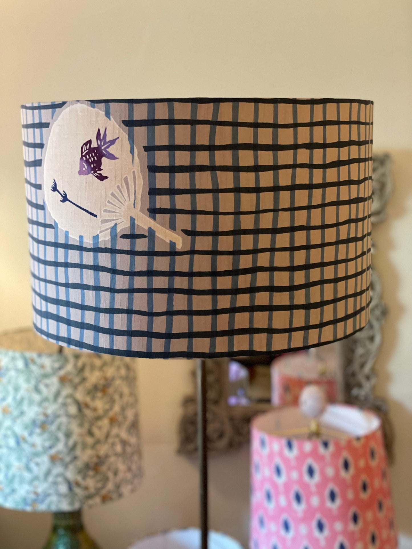 16 Inch Drum Lampshade. Vintage Summer Kimono Fabric. Slightly Textured Light Taupe With Gray and Gray-Blue Pattern and Fans.