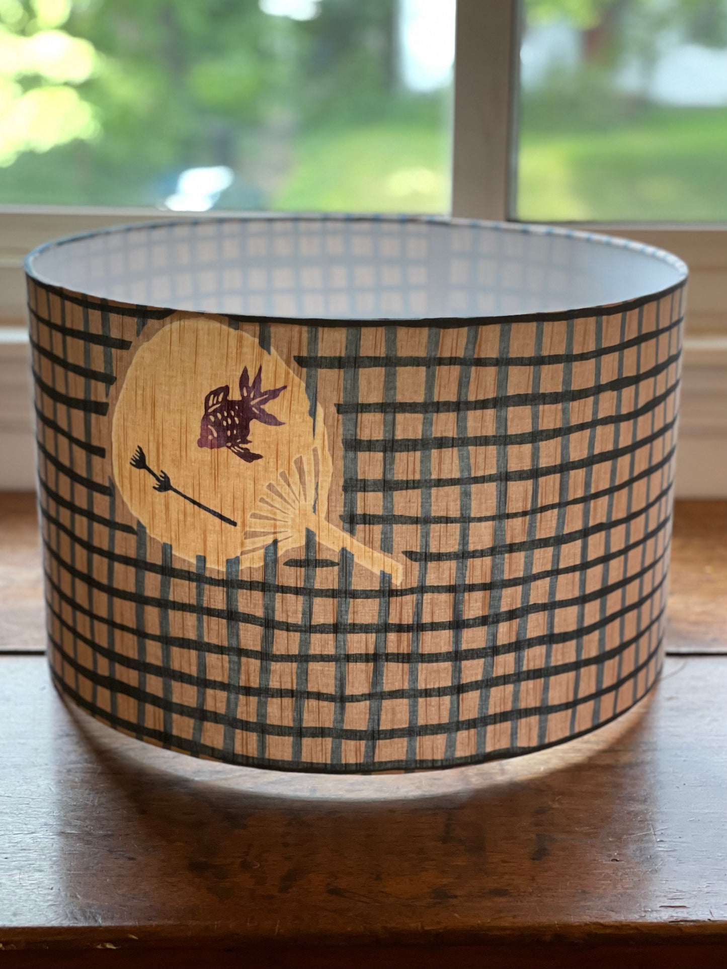 16 Inch Drum Lampshade. Vintage Summer Kimono Fabric. Slightly Textured Light Taupe With Gray and Gray-Blue Pattern and Fans.