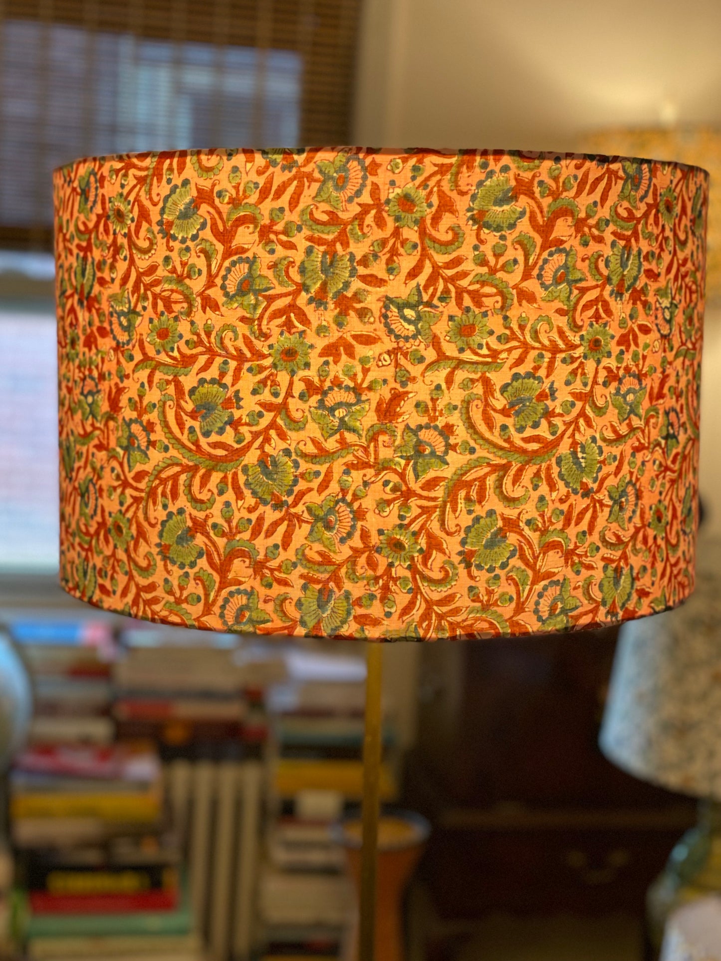 16 Inch Drum Lampshade. Kalamkari Indian Hand Block Print. Pink with Sienna and Blue-Gray Motif.