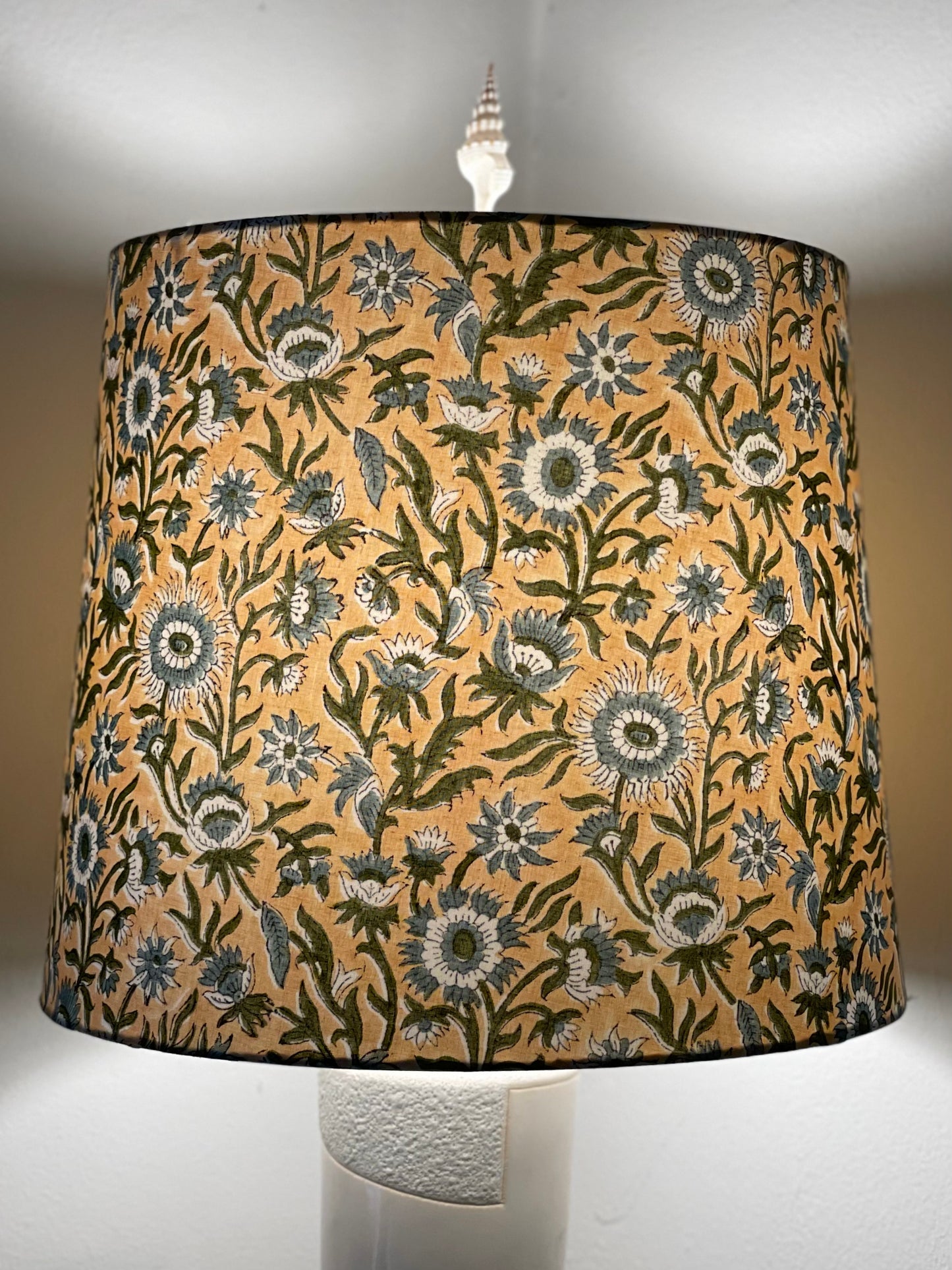 Large Empire Lampshade. 11.75 x 13.75 x 11.75. Indian Hand Block Print. Fawn with Blue-Gray and Dark Green Floral Motif.