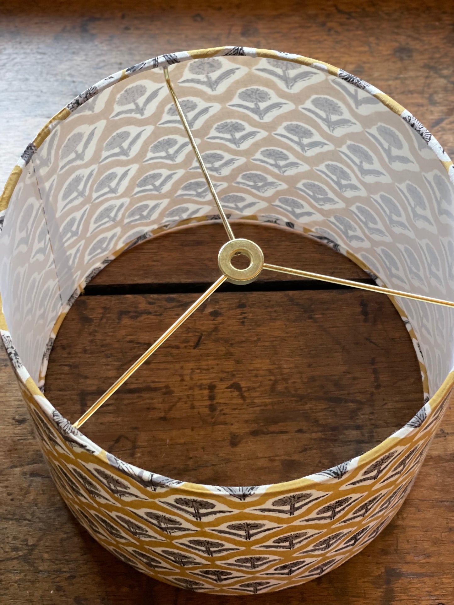Medium Empire Lampshade. Indian Block print from Jaipur. Harvest Gold with Black and Gray Floral Motif.