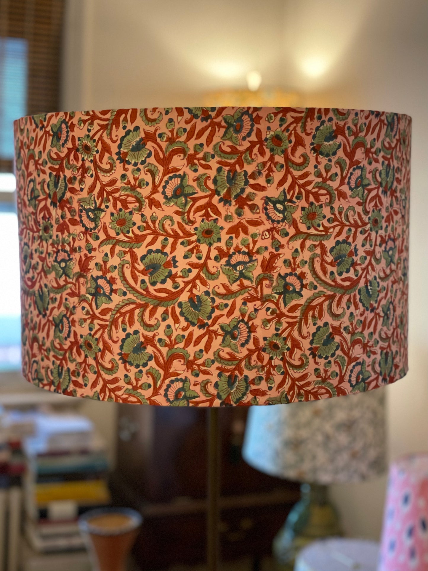 16 Inch Drum Lampshade. Kalamkari Indian Hand Block Print. Pink with Sienna and Blue-Gray Motif.