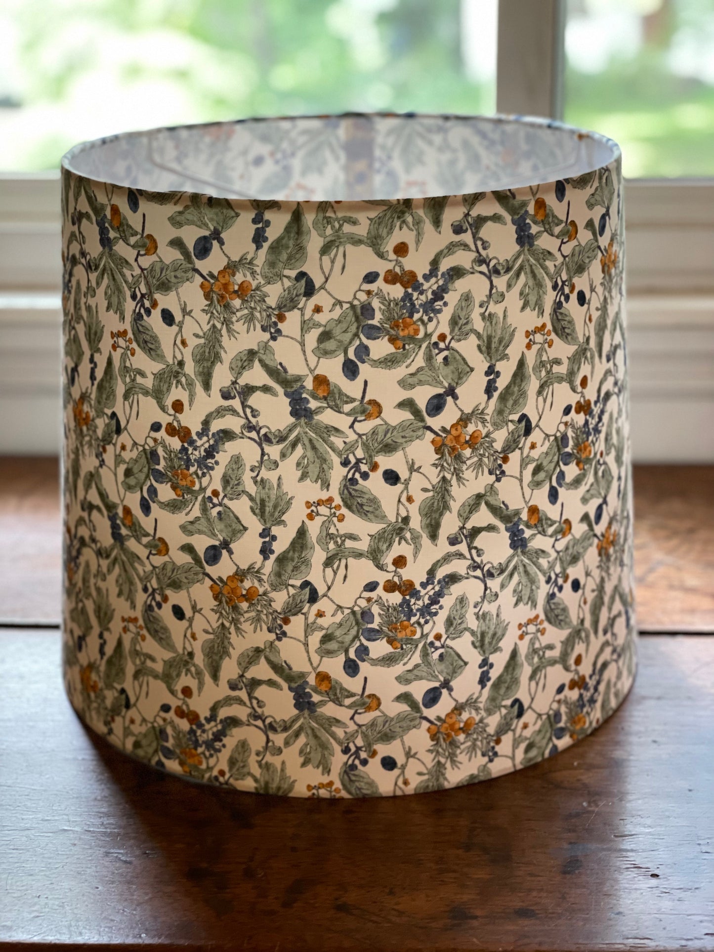 Large Empire Lampshade. 11.75 x 13.75 x 11.75. Japanese Cotton Print. Ivory with Blue and Golden Brown Berry with Sage Floral Motif.