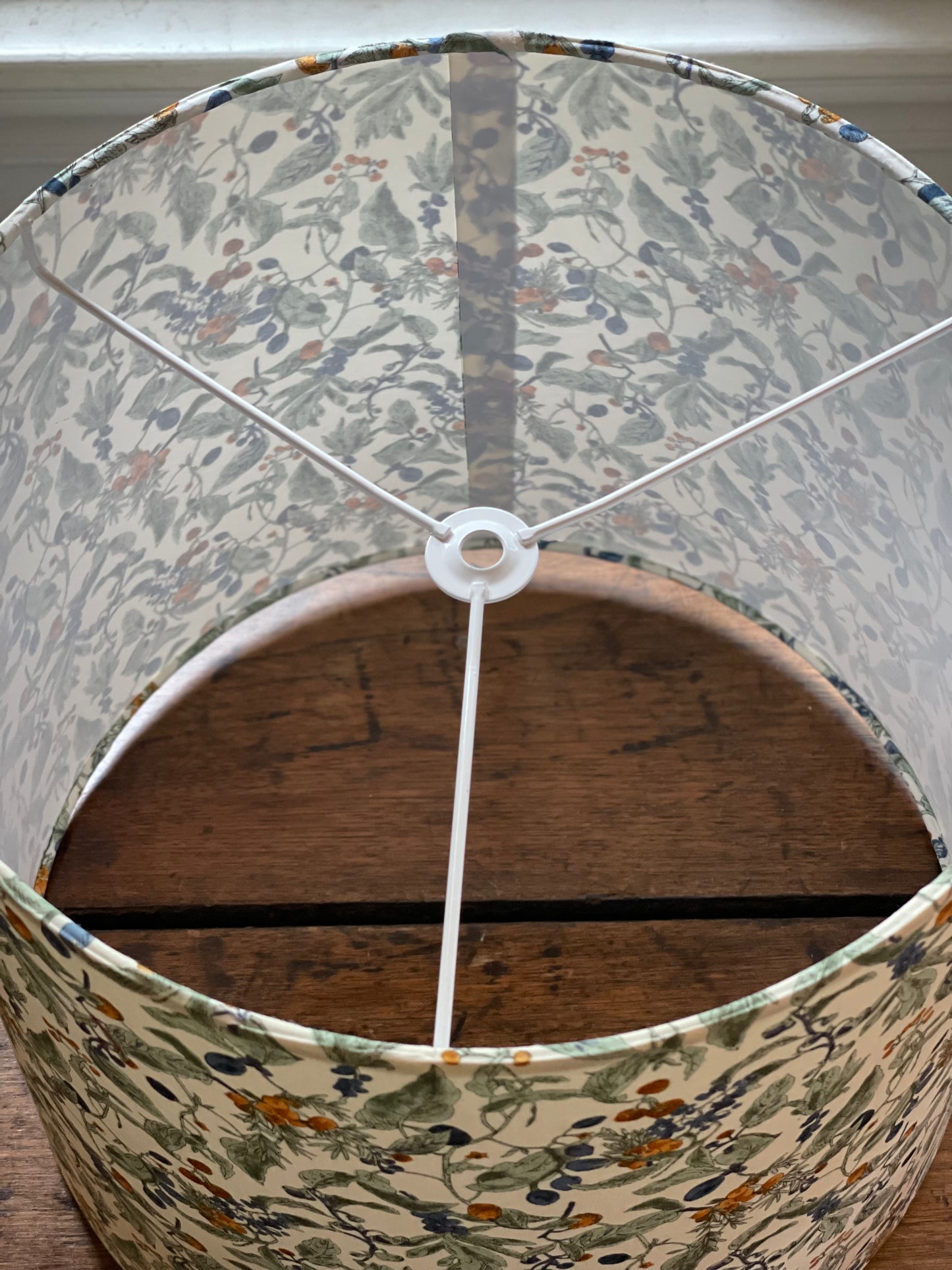 Large Empire Lampshade. 11.75 x 13.75 x 11.75. Japanese Cotton Print. Ivory with Blue and Golden Brown Berry with Sage Floral Motif.