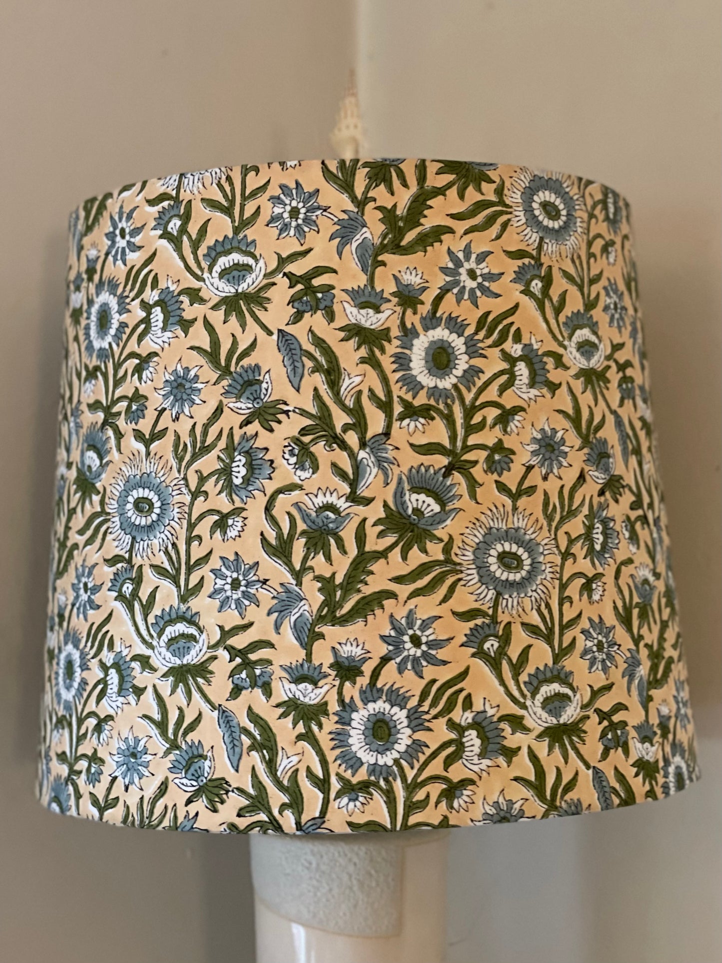 Large Empire Lampshade. 11.75 x 13.75 x 11.75. Indian Hand Block Print. Fawn with Blue-Gray and Dark Green Floral Motif.
