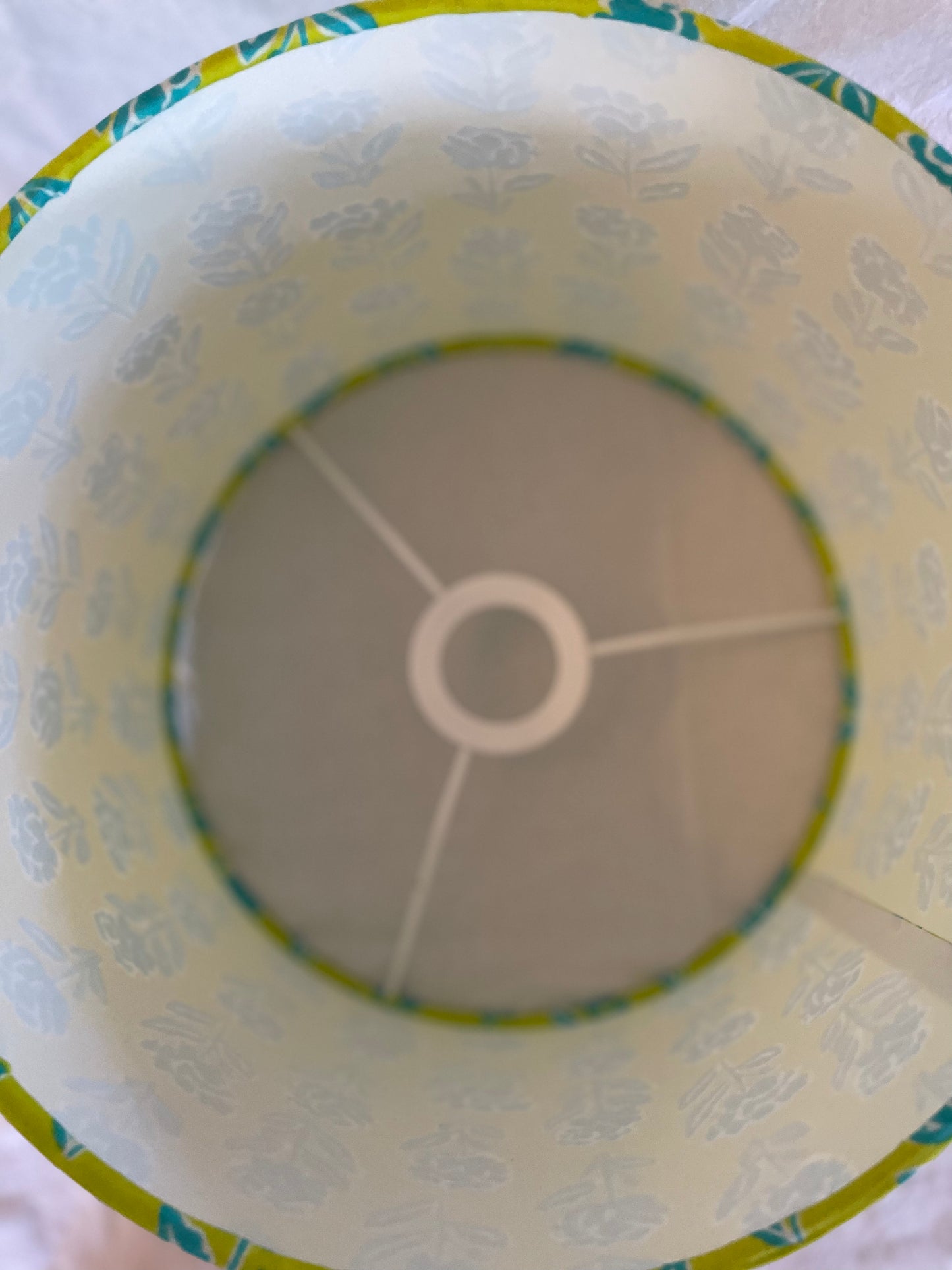 10 inch Drum Lampshade. Indian Block print from Jaipur. Lime Green with Teal Floral.