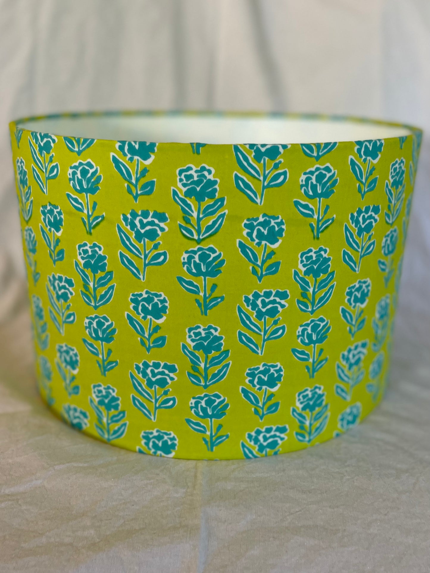 12 inch Drum Lampshade. Indian Block print from Jaipur. Lime Green with Teal Floral.