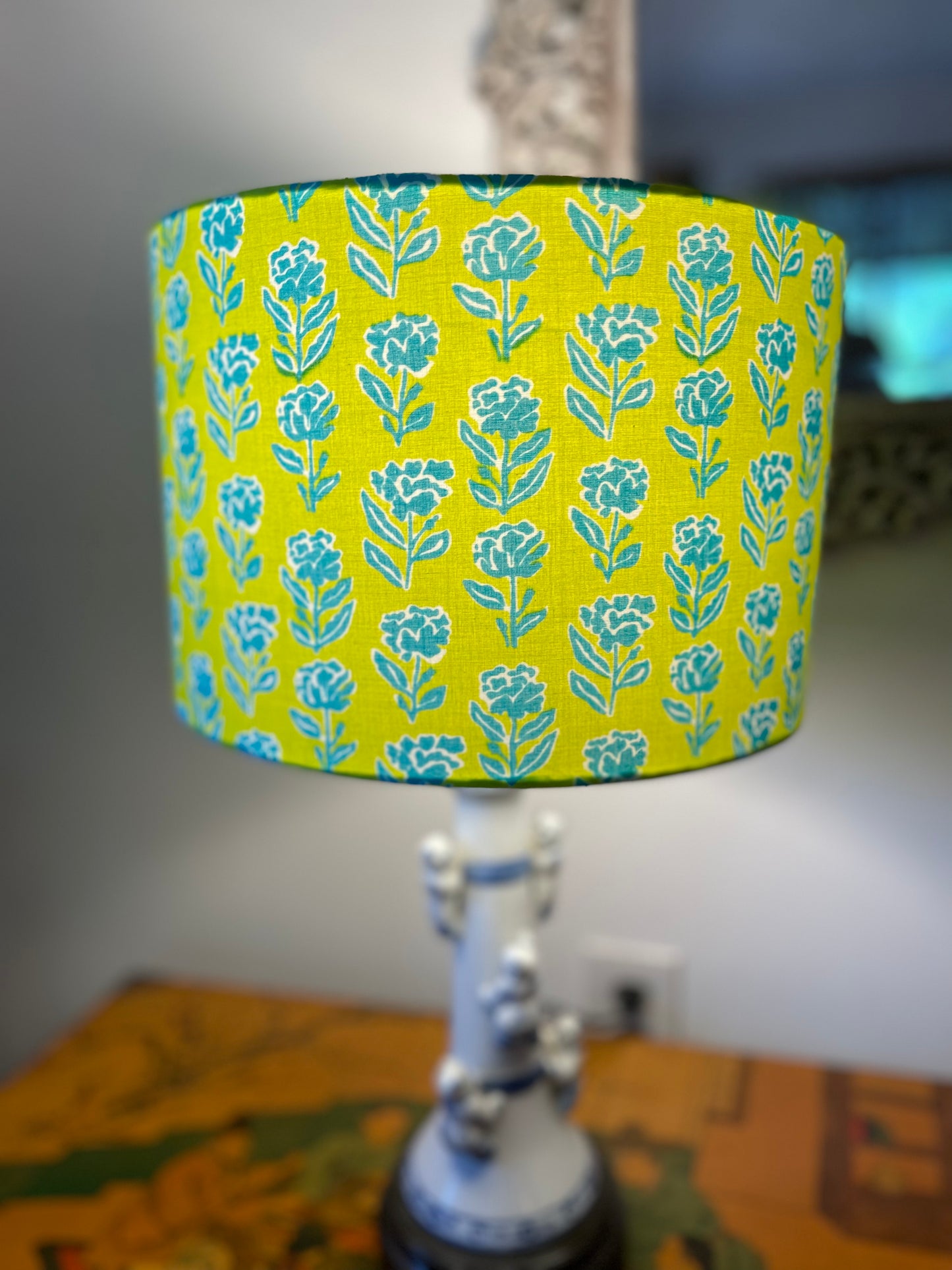 12 inch Drum Lampshade. Indian Block print from Jaipur. Lime Green with Teal Floral.