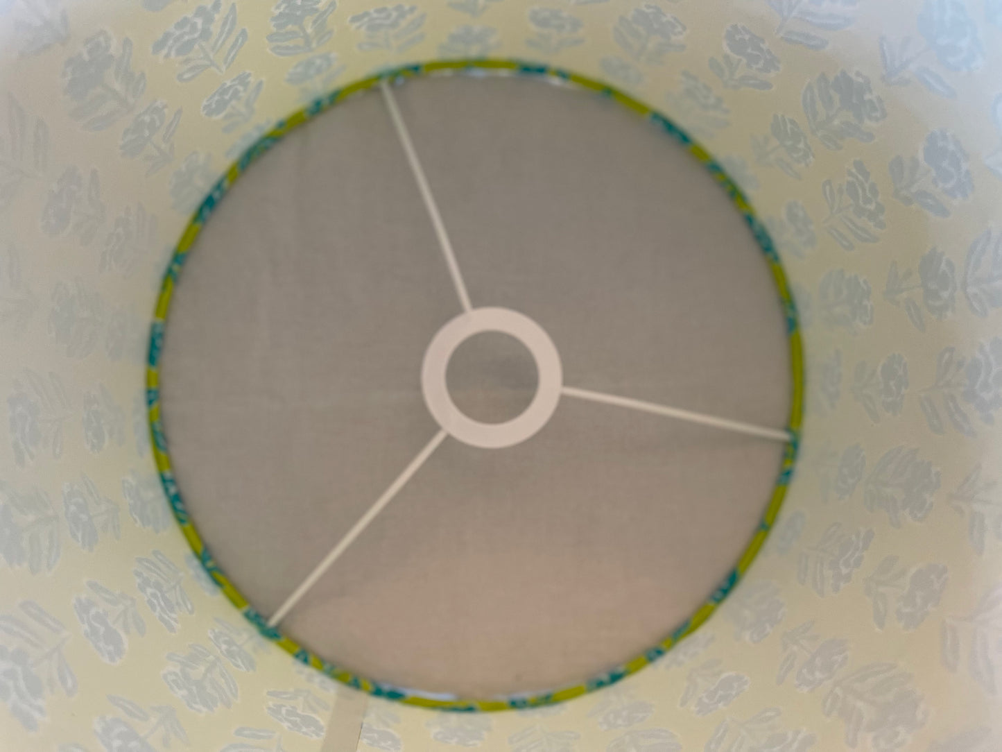 12 inch Drum Lampshade. Indian Block print from Jaipur. Lime Green with Teal Floral.