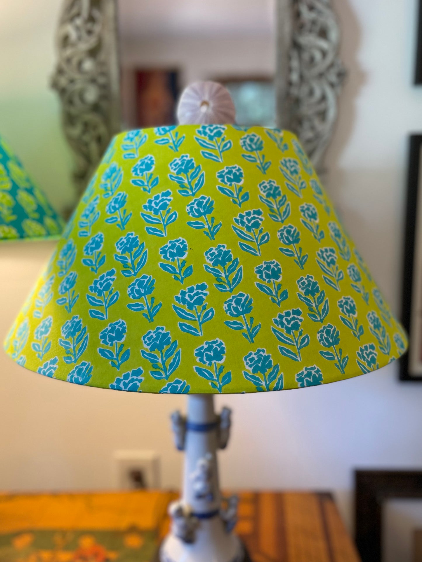 Large Conical Lampshade. Indian Block Print from Jaipur. Lime Green with Teal Floral.