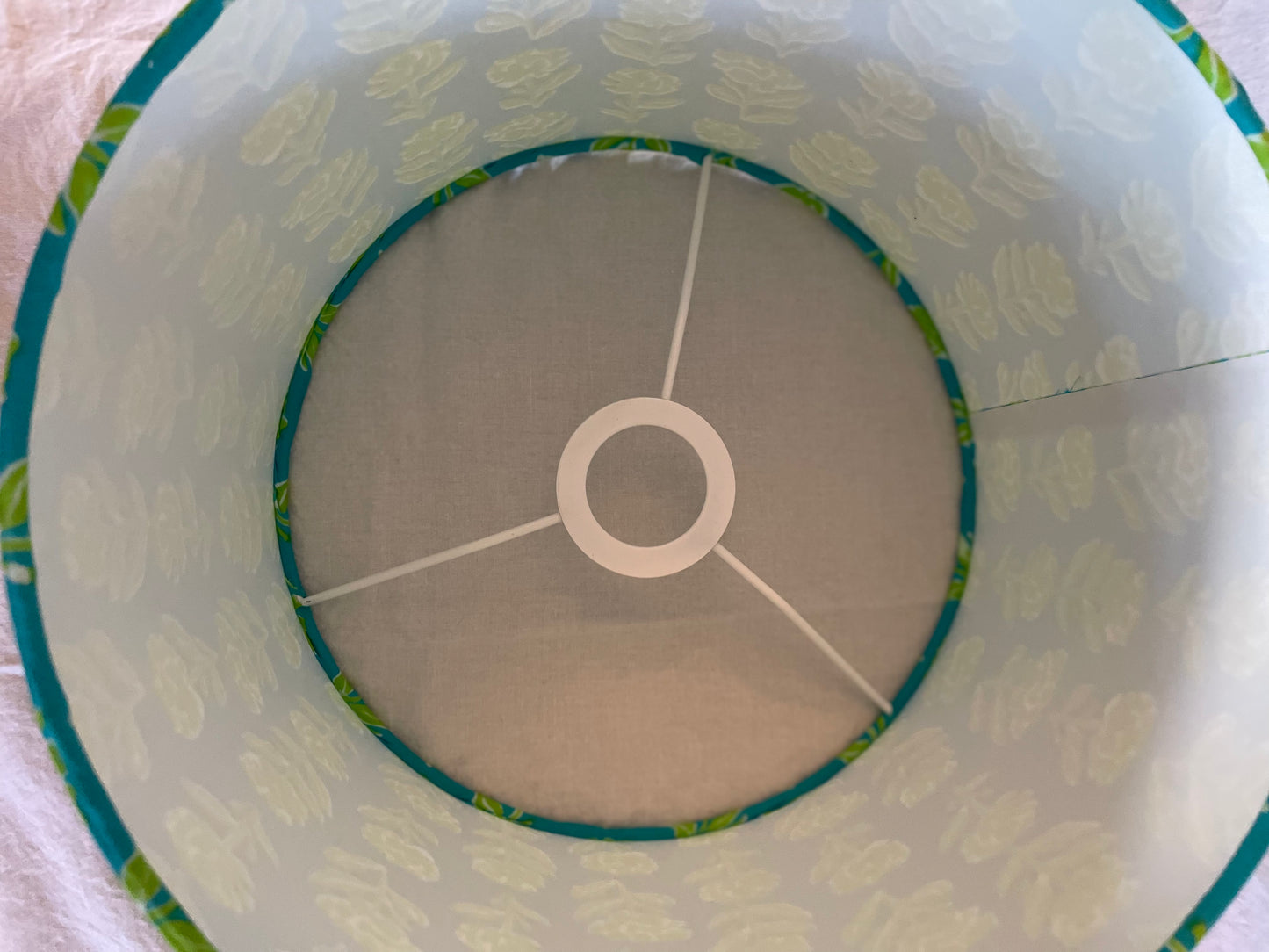 10 inch Drum Lampshade. Indian Block print from Jaipur. Teal with Bright Avocado Floral