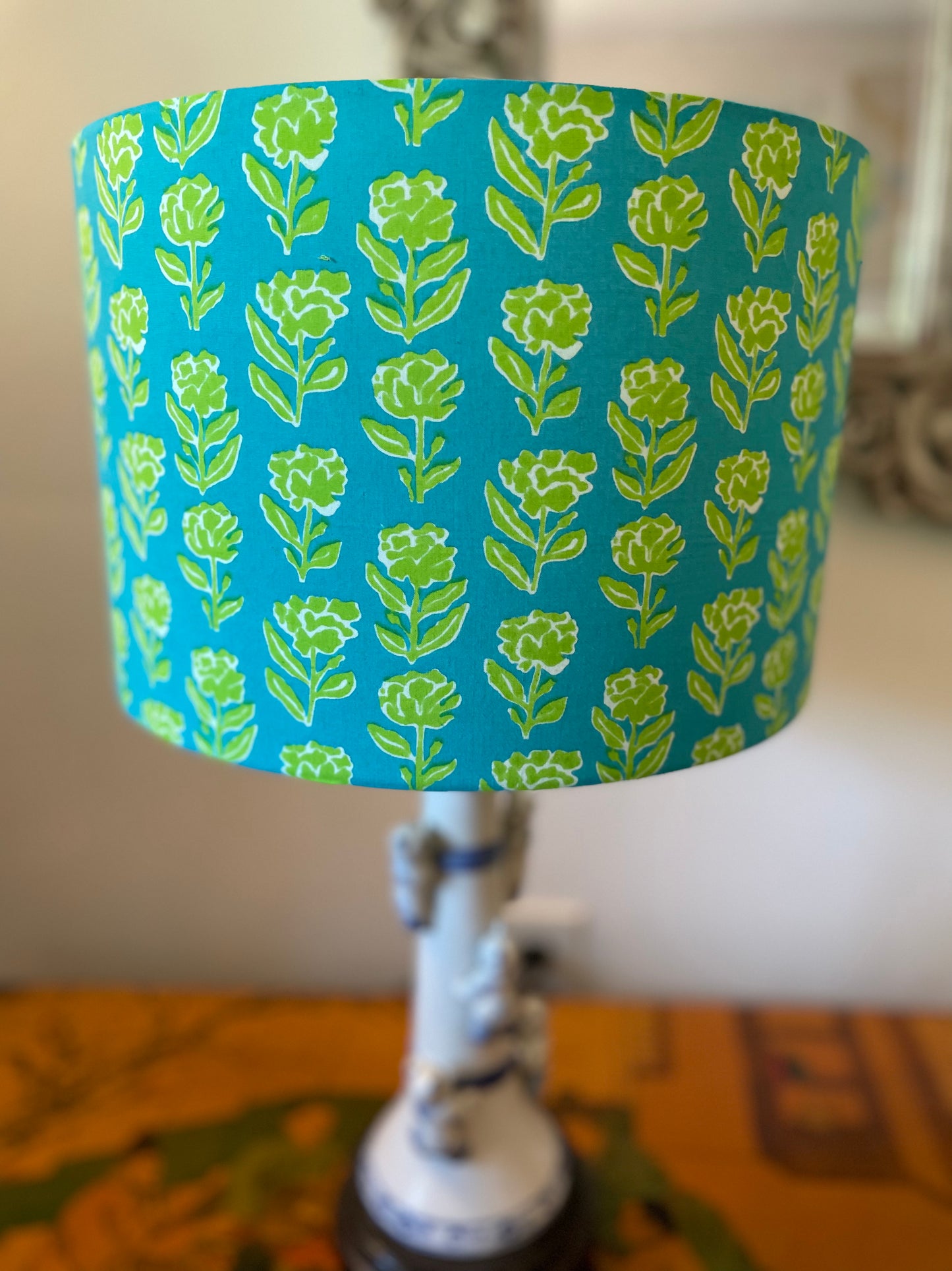 12 inch Drum Lampshade. Indian Block print from Jaipur. Teal with Bright Avocado Floral.