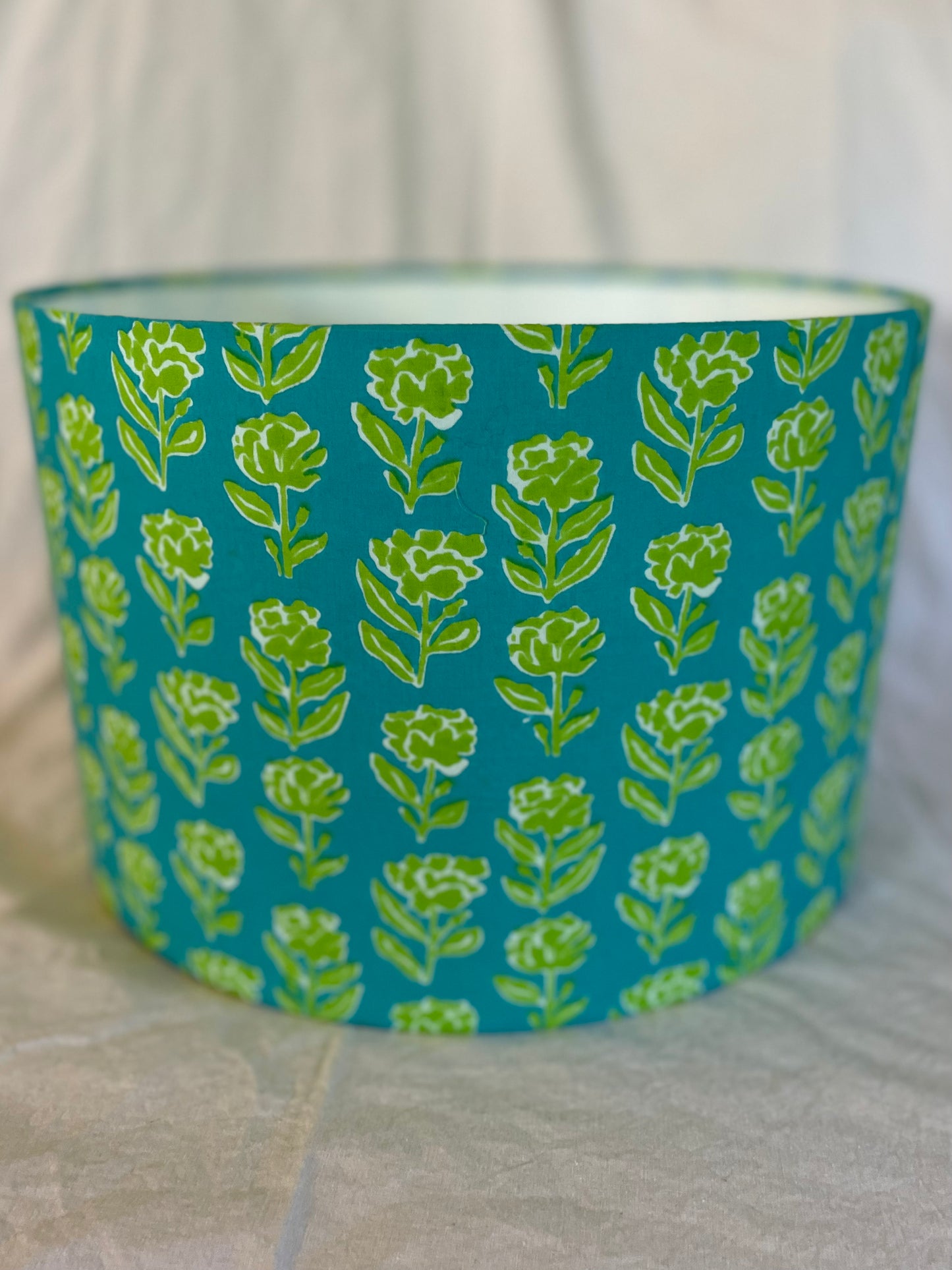 12 inch Drum Lampshade. Indian Block print from Jaipur. Teal with Bright Avocado Floral.