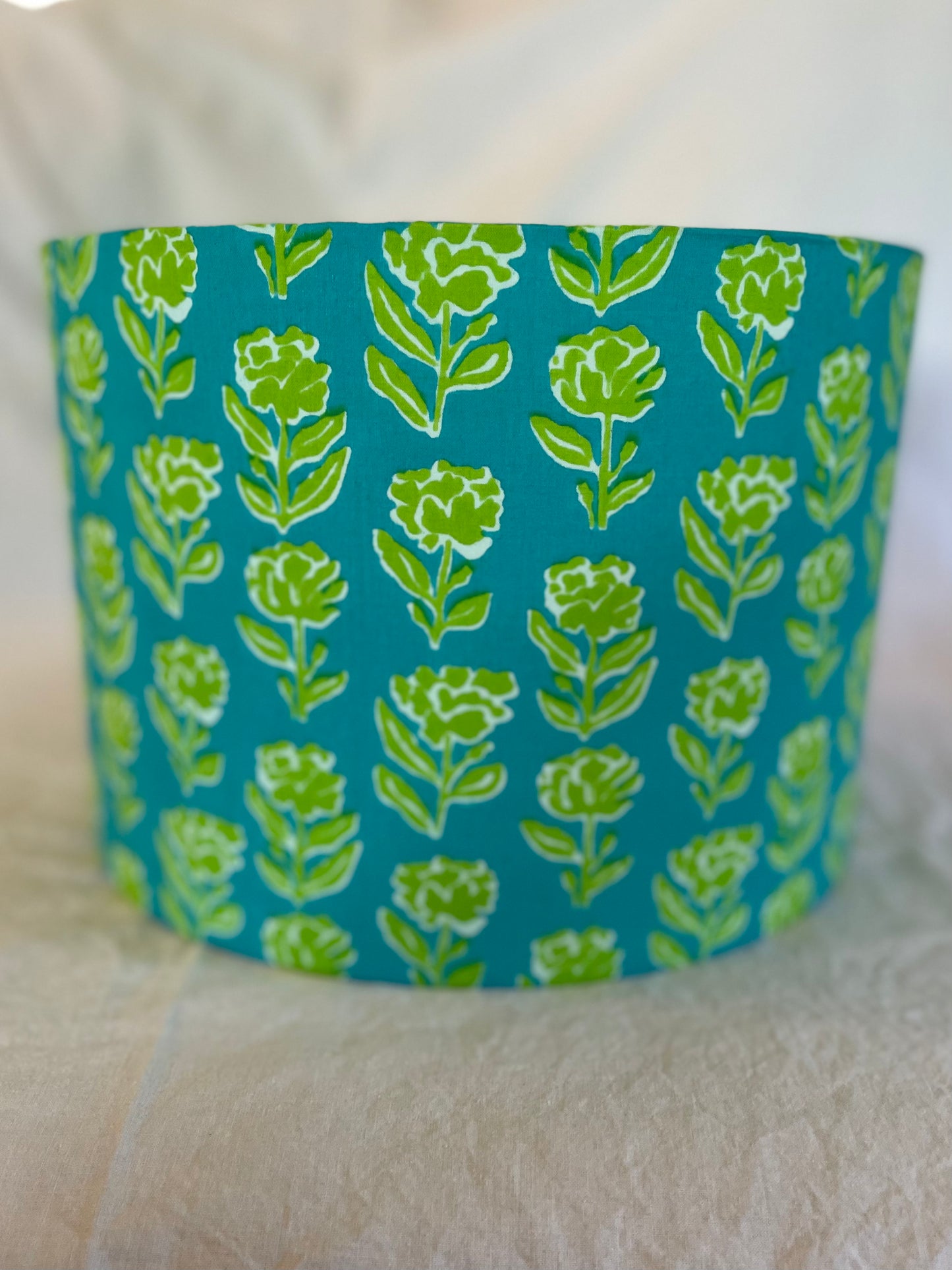 10 inch Drum Lampshade. Indian Block print from Jaipur. Teal with Bright Avocado Floral