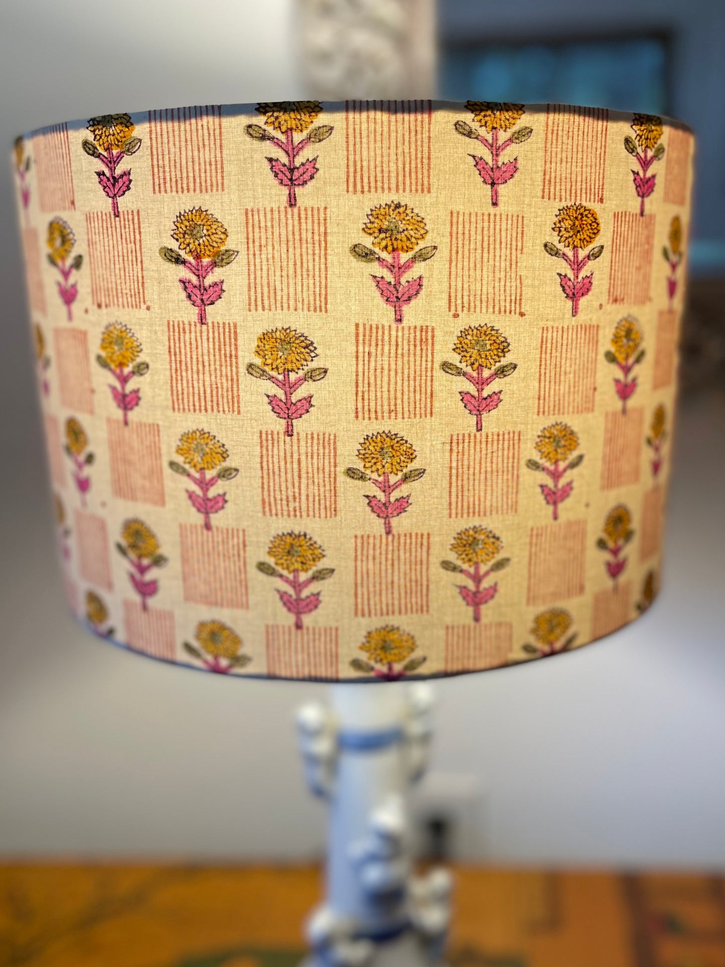 12 inch Drum Lampshade. Indian Block print from Jaipur. Camel with Pink, Gold, and Persian Orange Floral and Stripe.