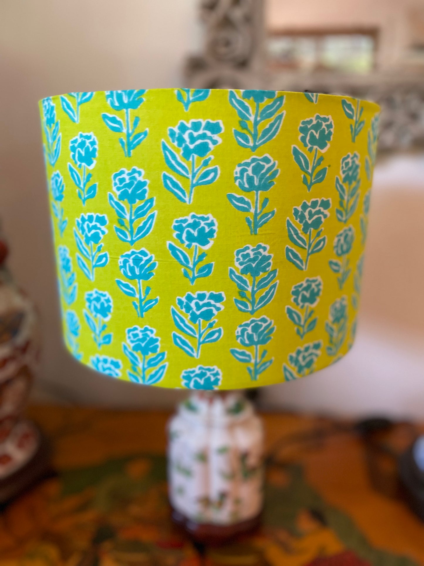 10 inch Drum Lampshade. Indian Block print from Jaipur. Lime Green with Teal Floral.