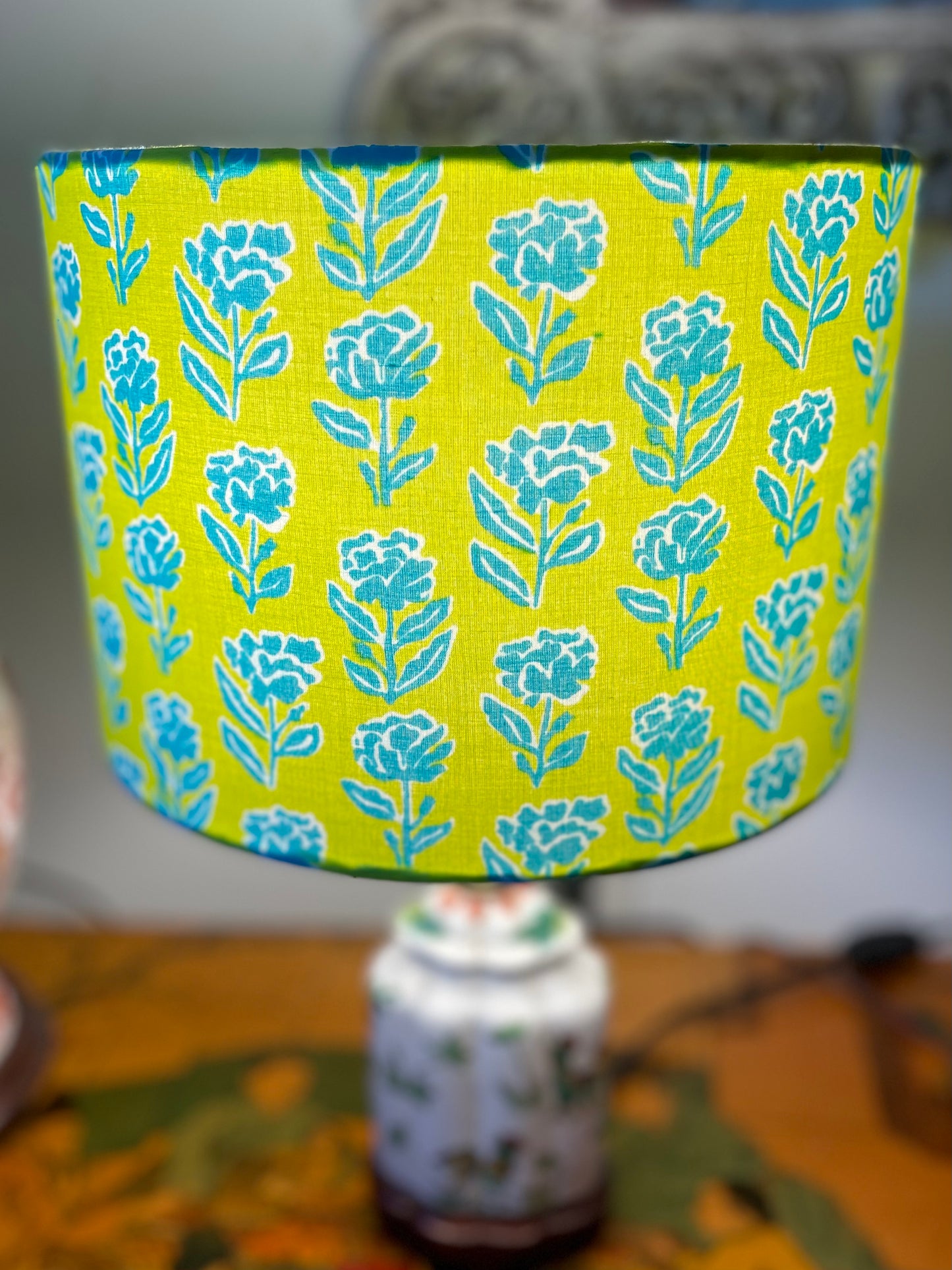 10 inch Drum Lampshade. Indian Block print from Jaipur. Lime Green with Teal Floral.