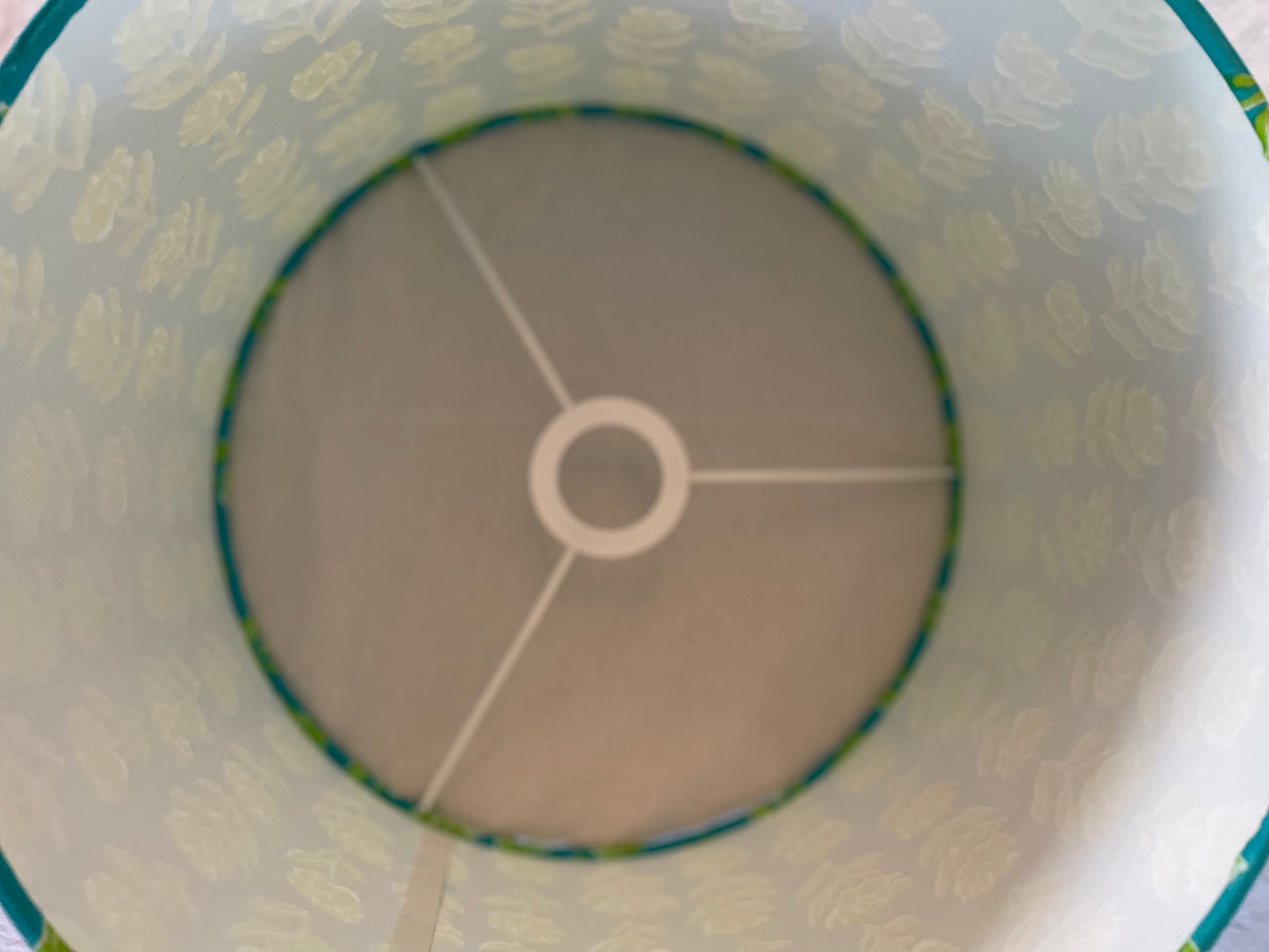 12 inch Drum Lampshade. Indian Block print from Jaipur. Teal with Bright Avocado Floral.