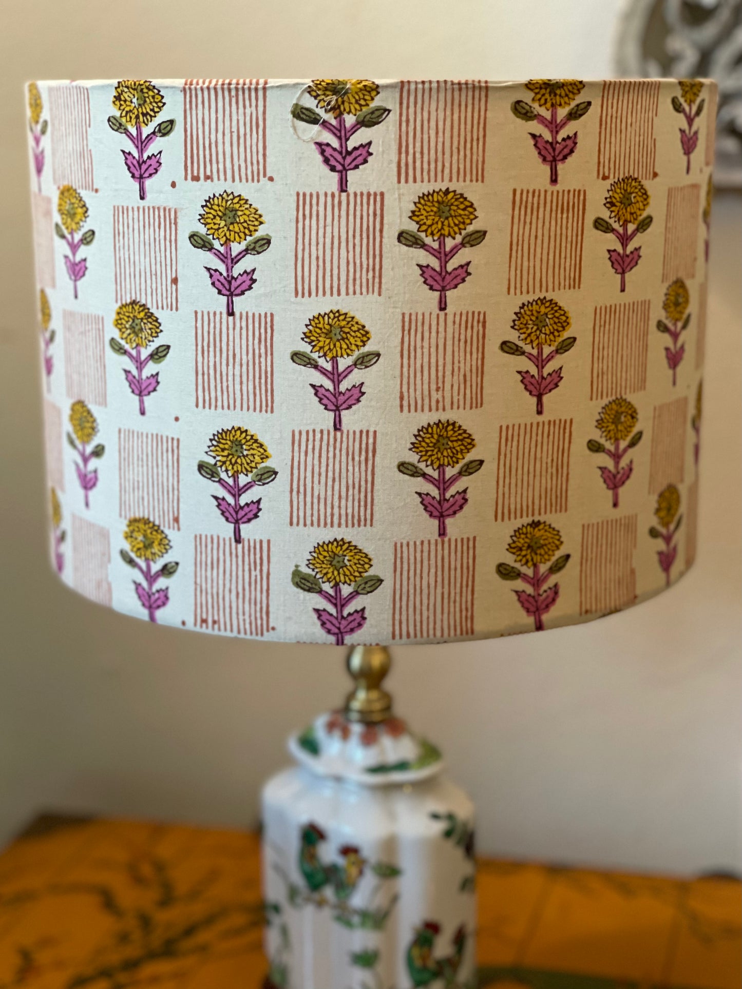 10 inch Drum Lampshade. Indian Block print from Jaipur. Camel with Pink, Gold, and Persian Orange Floral and Stripe.