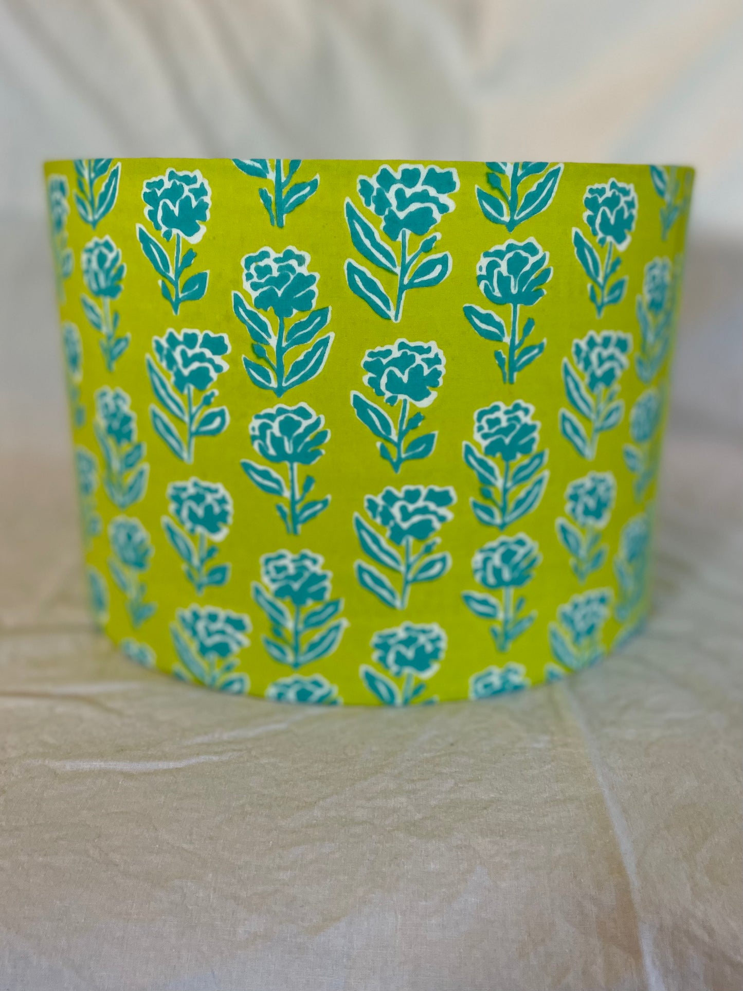 10 inch Drum Lampshade. Indian Block print from Jaipur. Lime Green with Teal Floral.