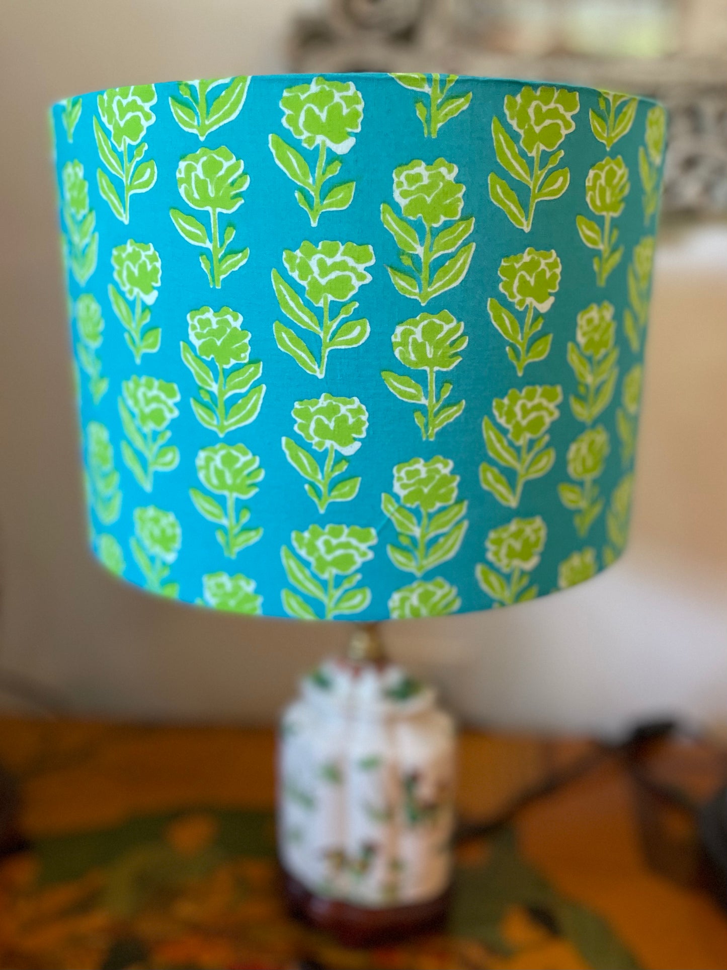 10 inch Drum Lampshade. Indian Block print from Jaipur. Teal with Bright Avocado Floral