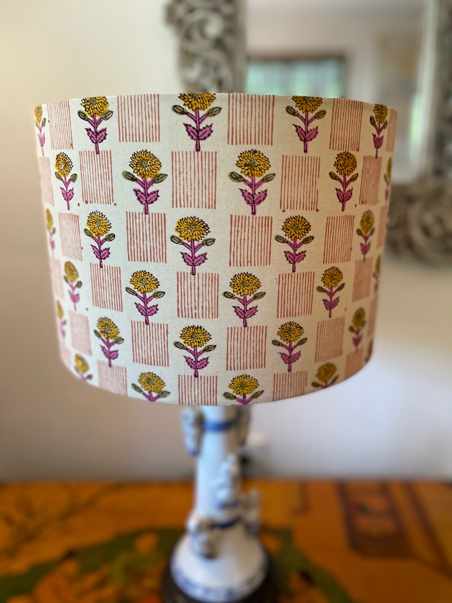 12 inch Drum Lampshade. Indian Block print from Jaipur. Camel with Pink, Gold, and Persian Orange Floral and Stripe.