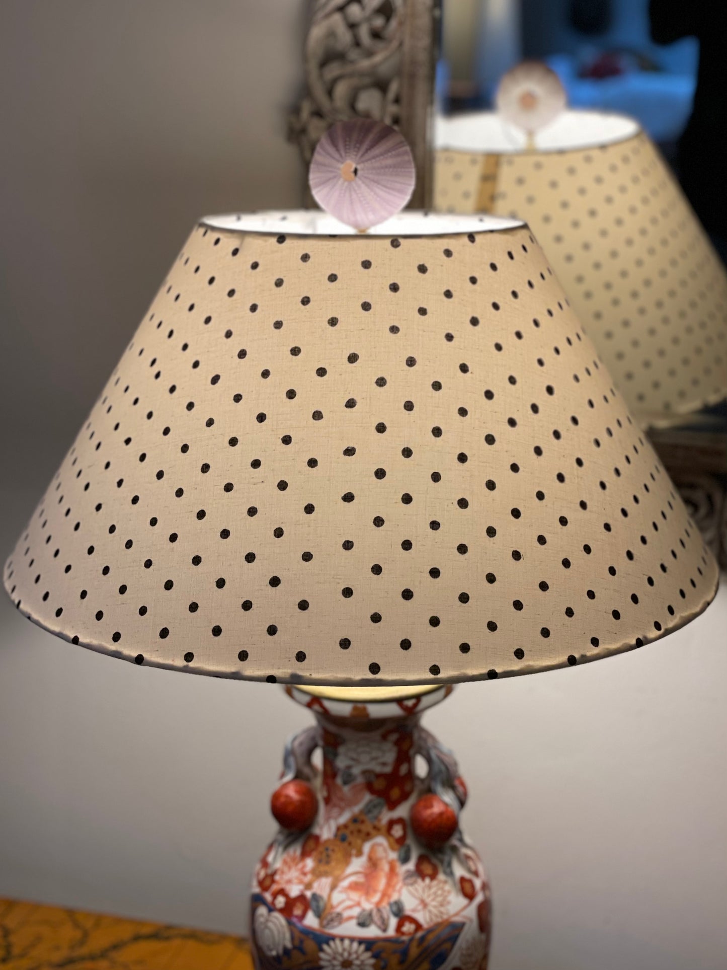 Large Conical Lampshade. Indian Hand Block Print. White with Black Polka Dot.
