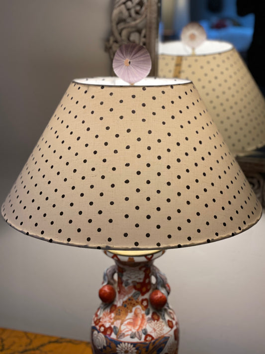 Large Conical Lampshade. Indian Hand Block Print. White with Black Polka Dot.