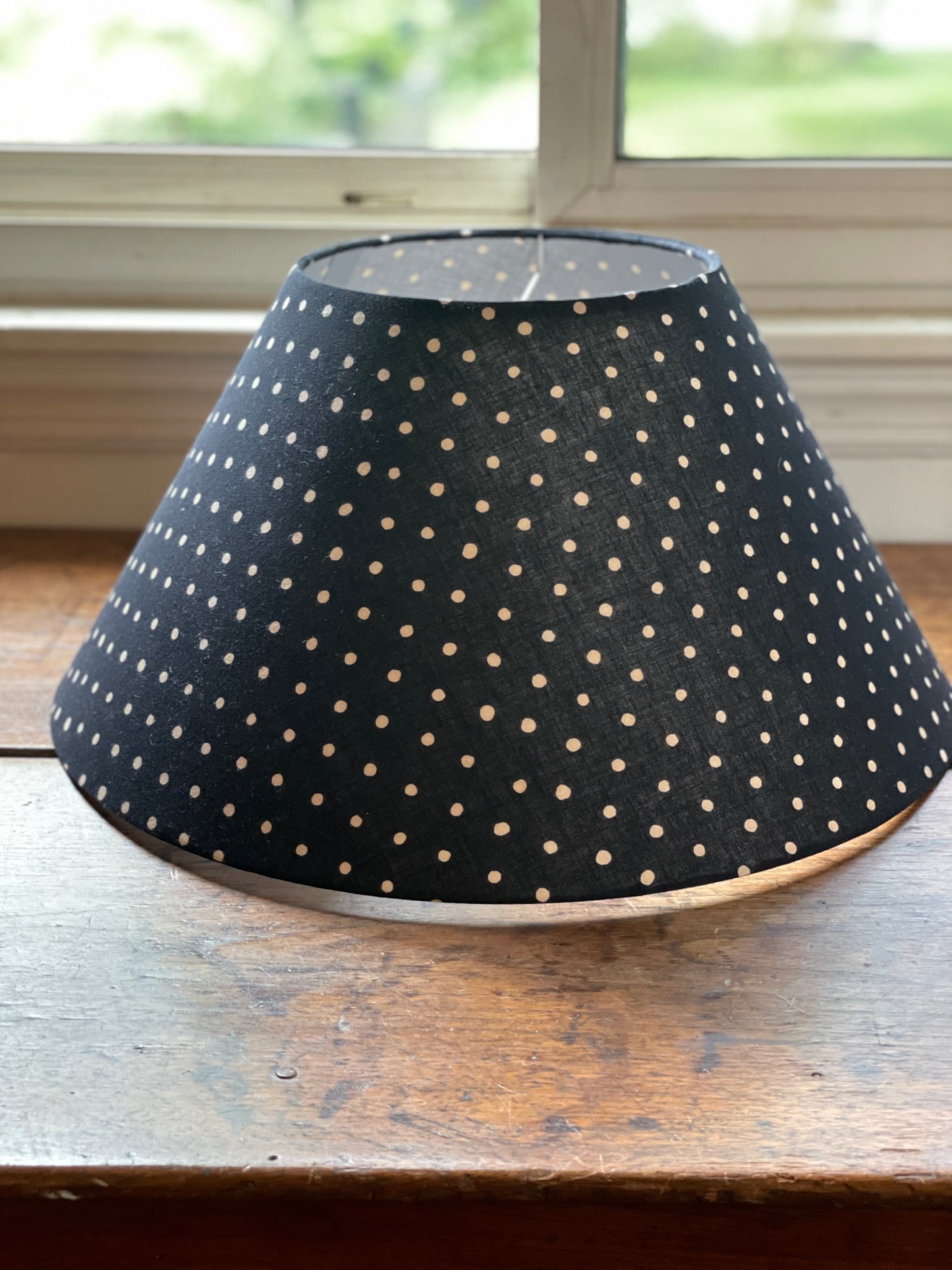 Large Conical Lampshade. Indian Hand Block Print. Black with Gentle Off-White Polka Dot.